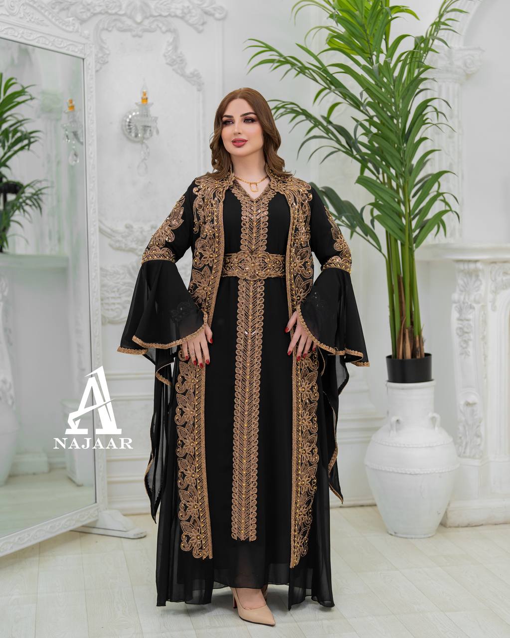 Luxury Crepe Kaftan Set | Crystal Belt, Modest Islamic Gown