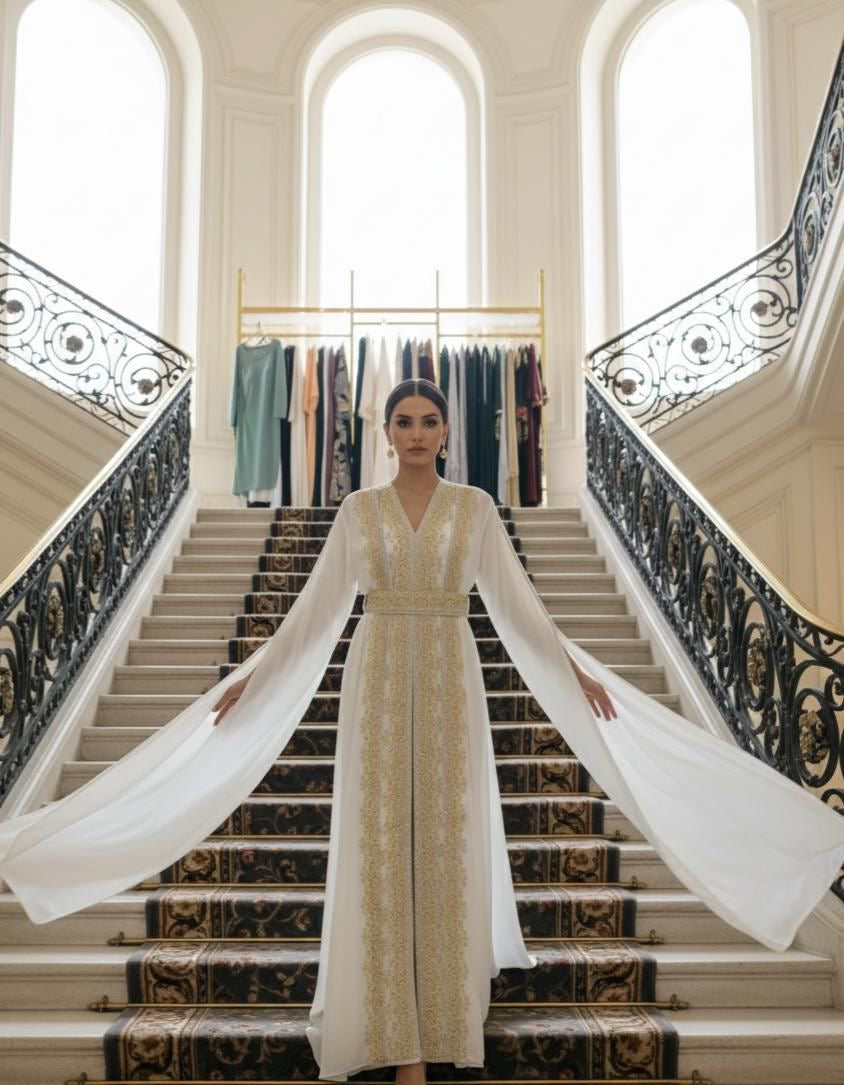Ivory Gold Kaftan – White Kaftan Dress, Luxury Eid Wedding Outfit, Modest Maxi Dress