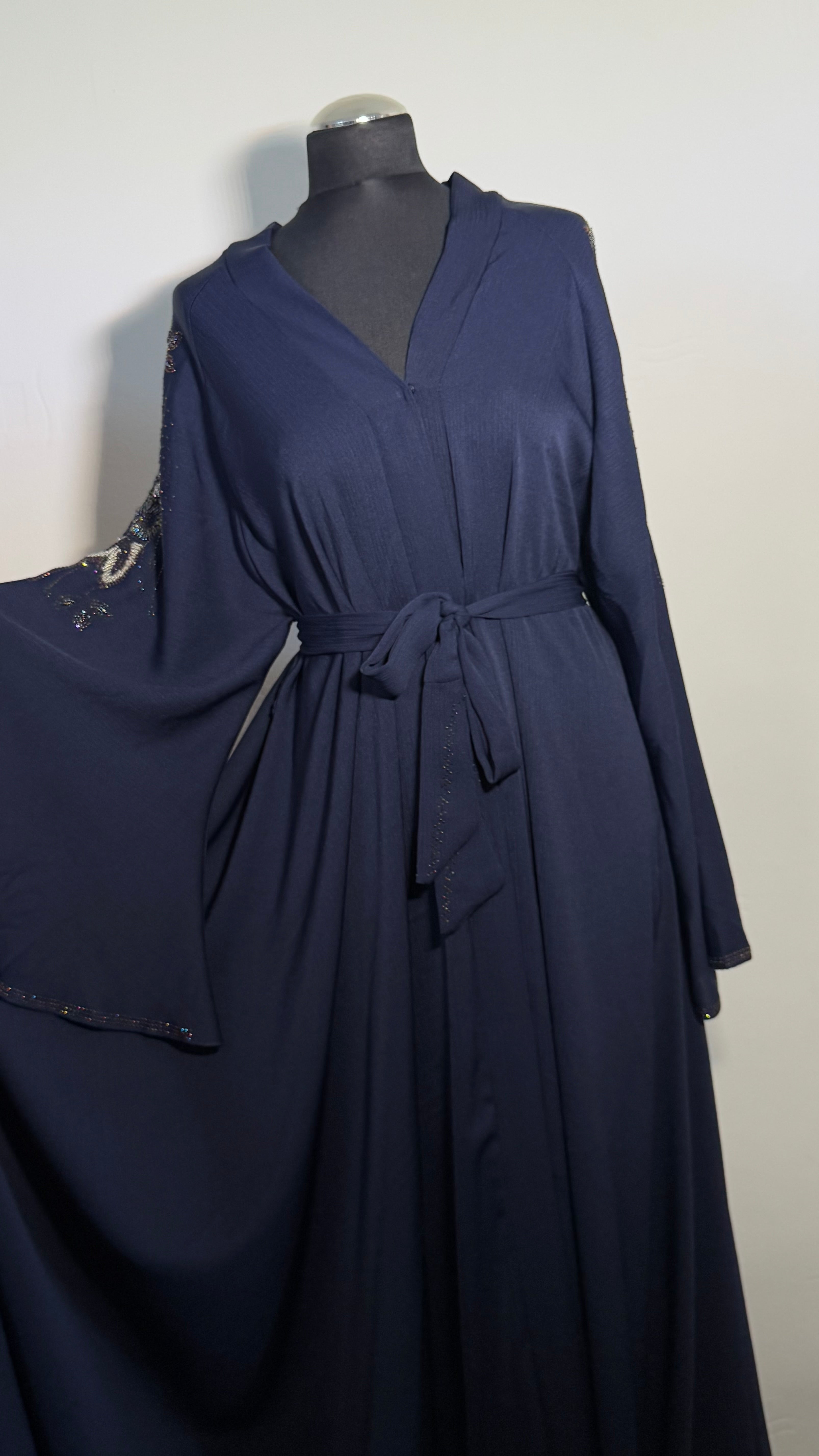 Navy Blue Crystal Abaya Free Size | Elegant Beaded Modest Dress | Luxury Kaftan with Back Sleeve Detail | Eid & Evening Wear