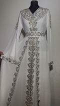 Luxury White Kaftan Dress, Embellished Moroccan Kaftan, Crystal Beaded Maxi Dress, Elegant Modest Evening Wear