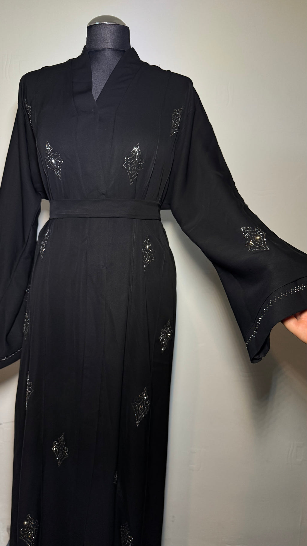 Elegant Abaya with Crystal Detail, Long Sleeve, Belted