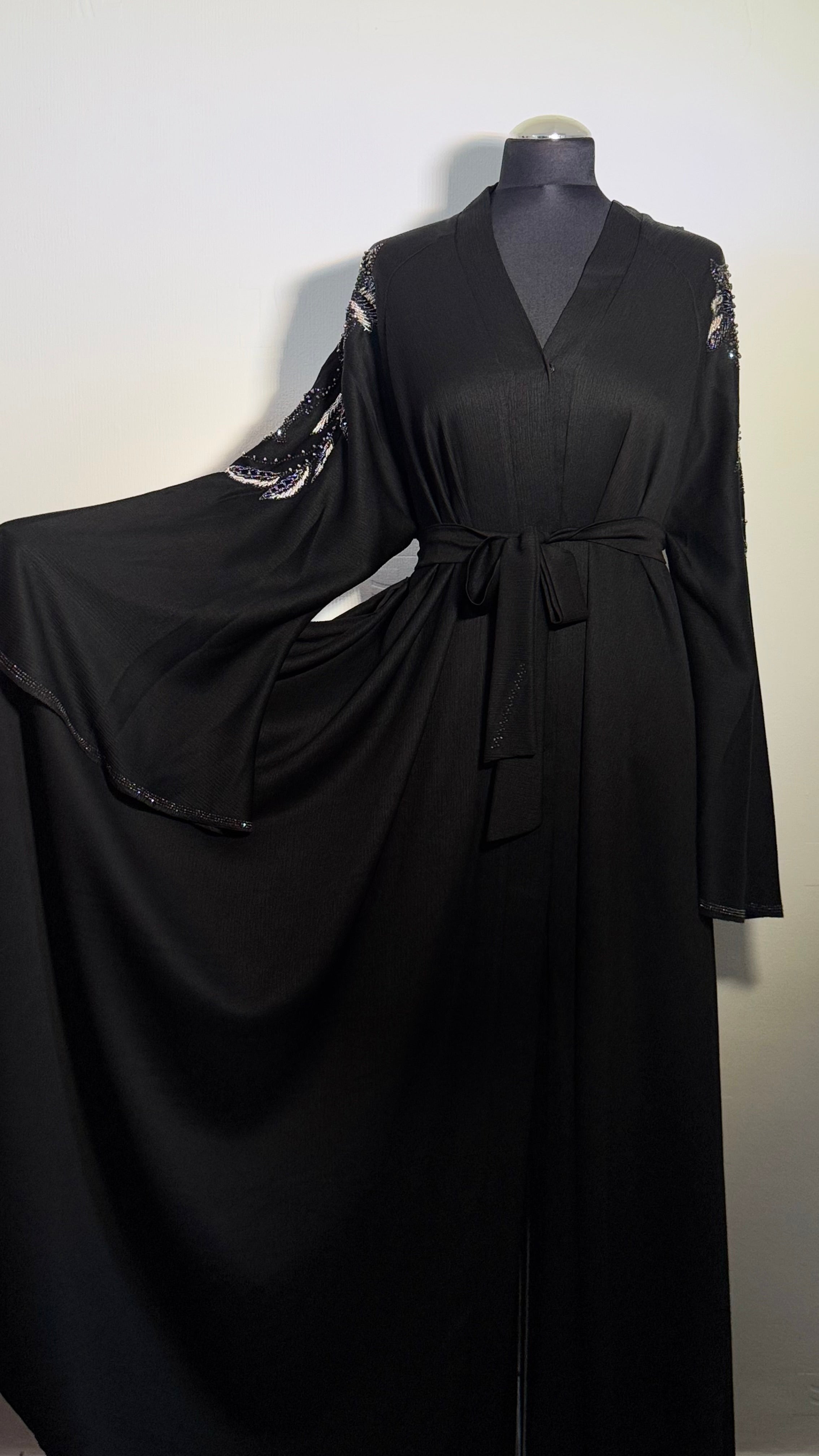 Luxury Black Beaded Abaya Free Size | Elegant Modest Dress | Crystal Embroidered Kaftan | Eid Evening Abaya