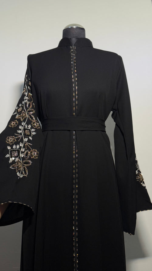Black Embroidered Abaya | Elegant Modest Dress with Statement Sleeve | Evening Eid Outfit