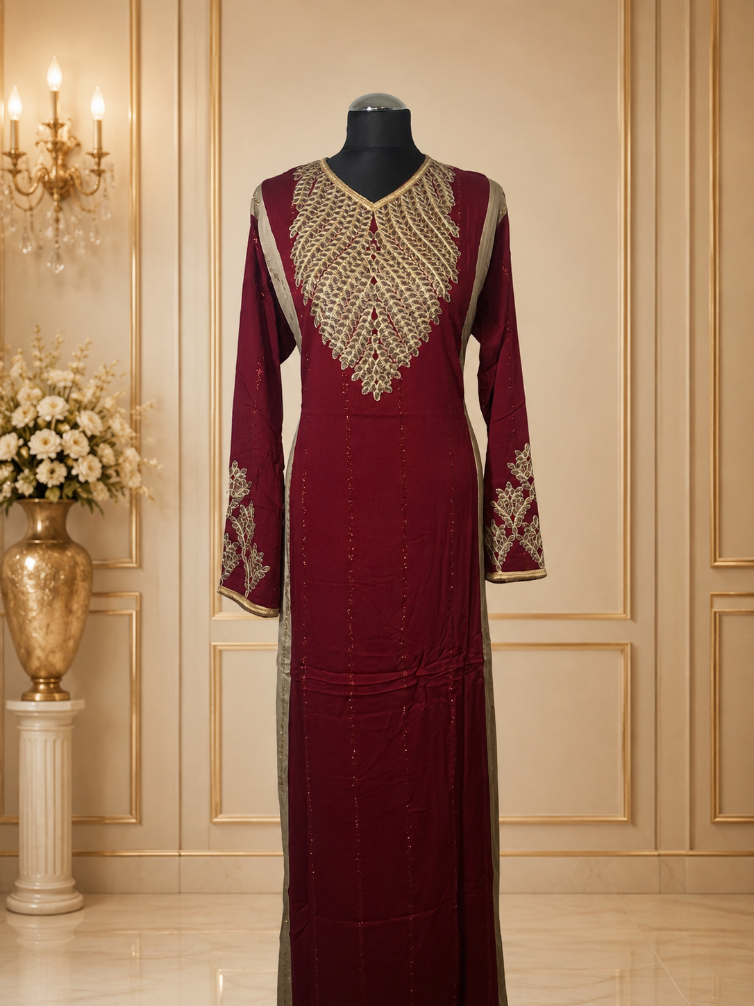 Luxury Embroidered Maxi Dress for Women – Moroccan Kaftan Abaya Long Sleeve Evening Gown with Gold Embellishment