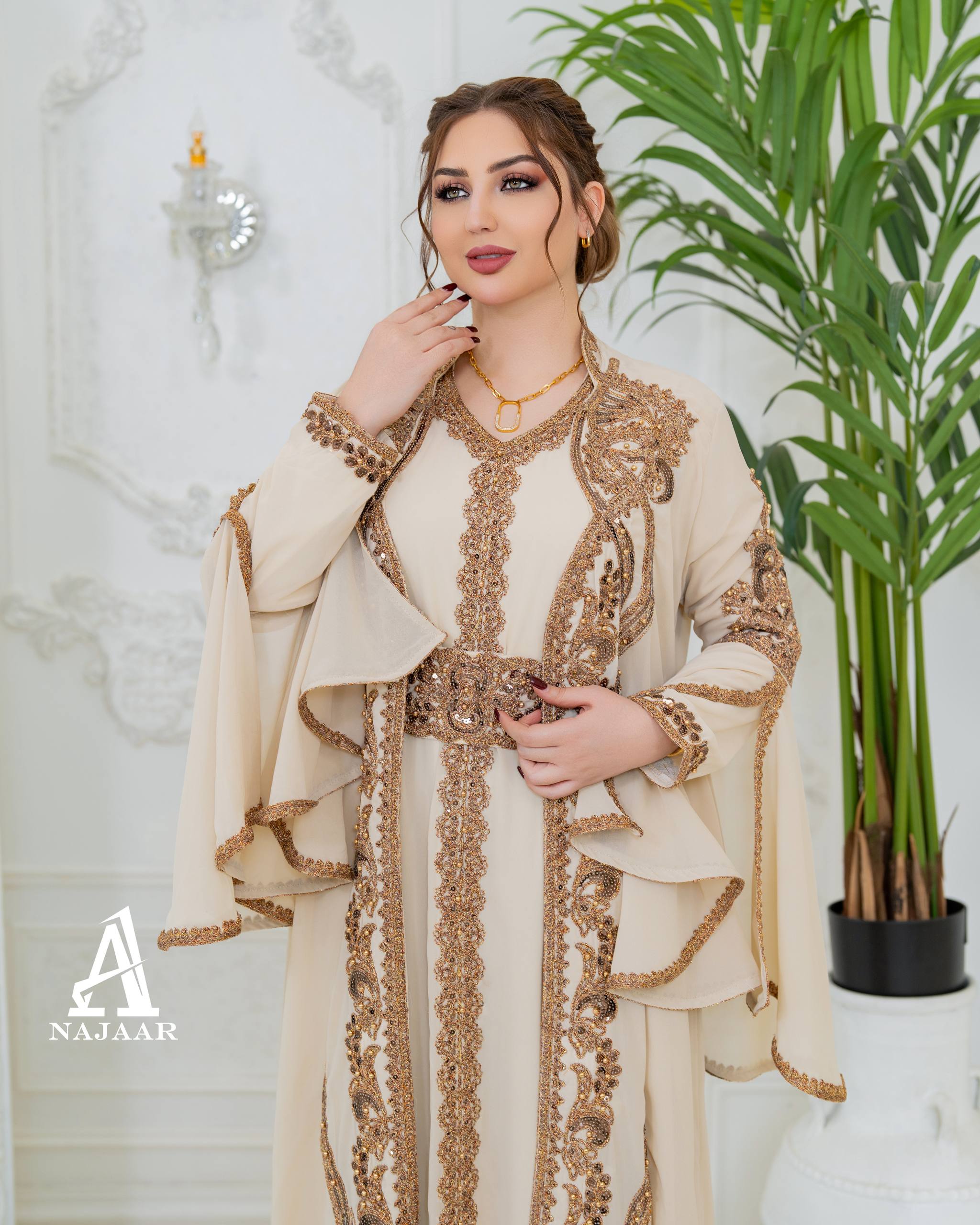 Luxury Crepe Kaftan Set | Crystal Belt, Modest Islamic Gown