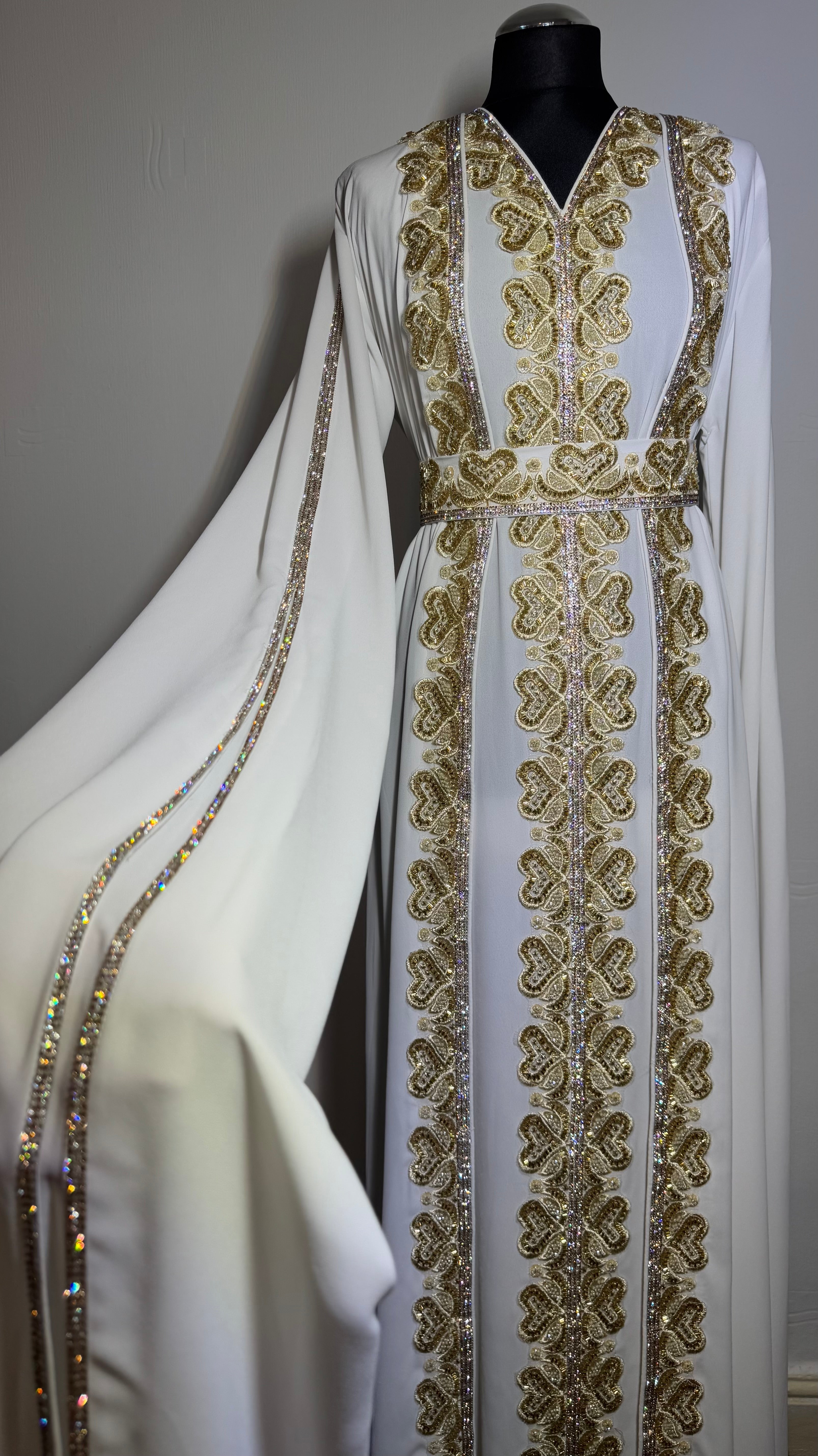 Ivory Gold Kaftan – White Kaftan Dress, Luxury Eid Wedding Outfit, Modest Maxi Dress
