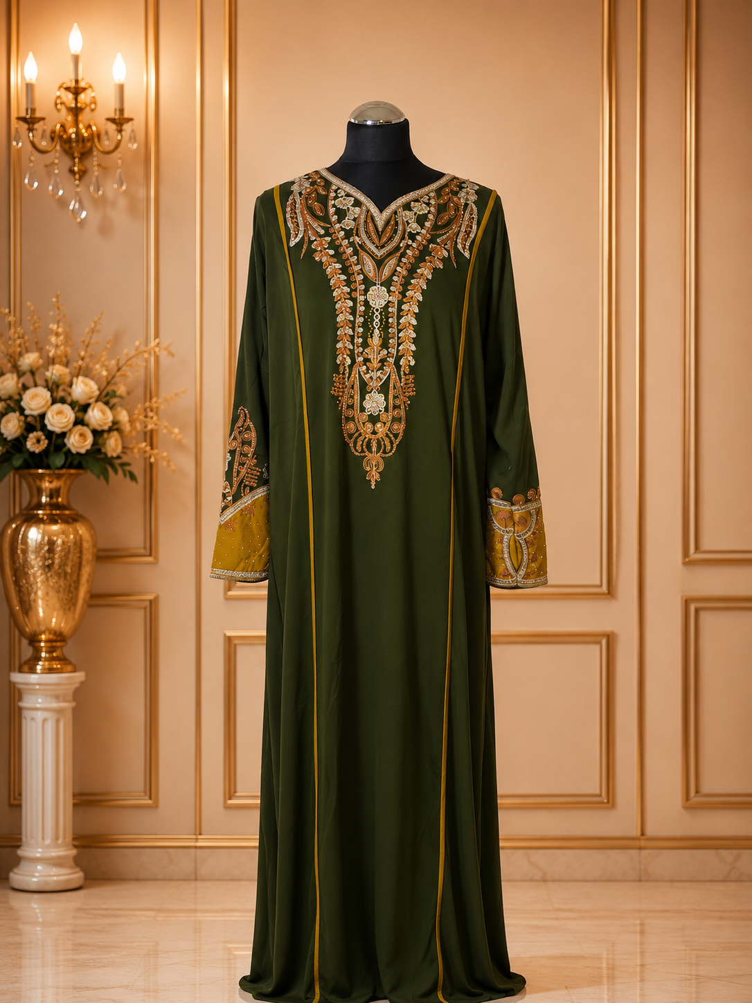 Luxury Embroidered Jalabiya Maxi Dress for Women – Dubai Kaftan Abaya Arabic Evening Dress – Modest Party & Eid Wear