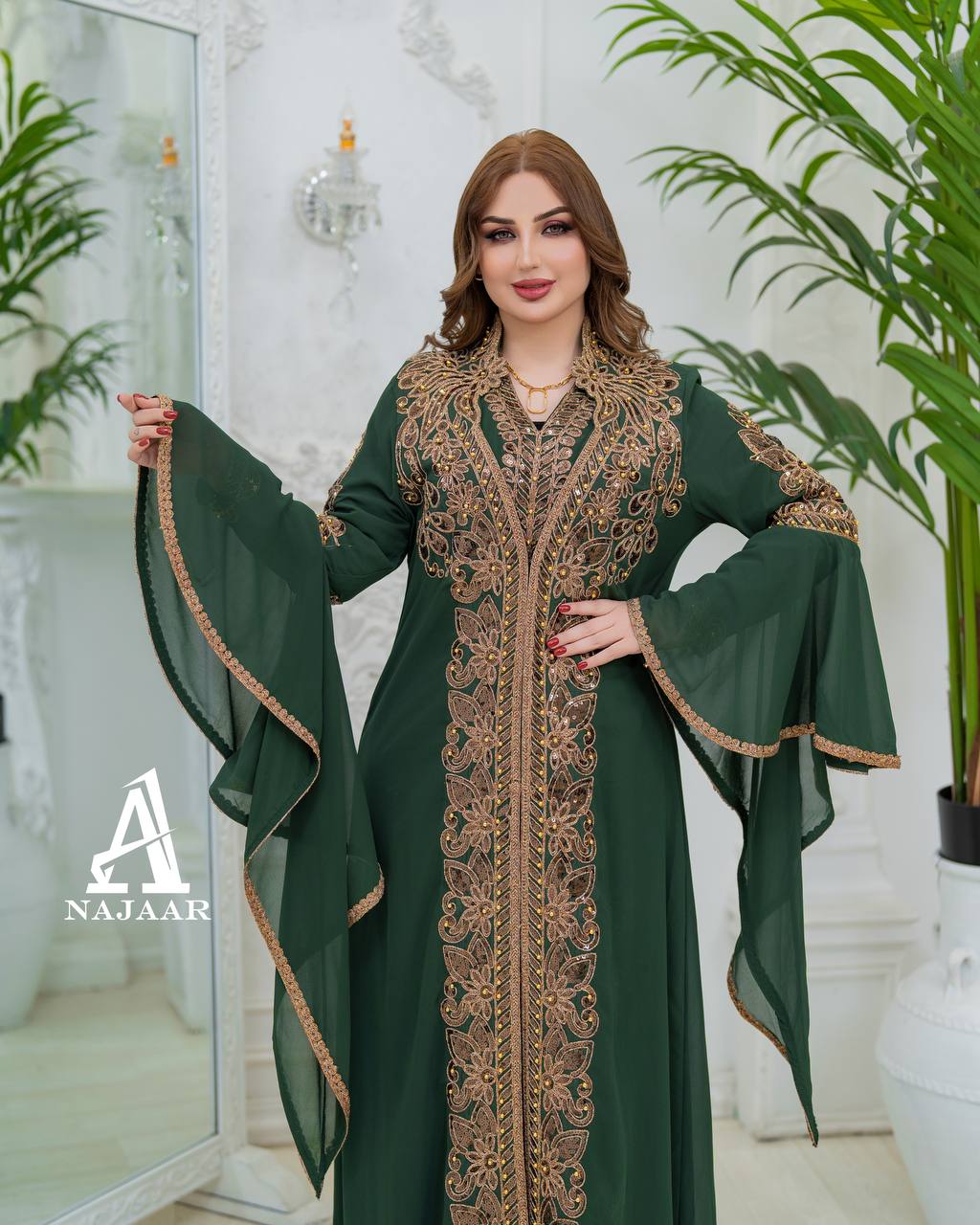 Luxury Crepe Kaftan Set | Crystal Belt, Modest Islamic Gown