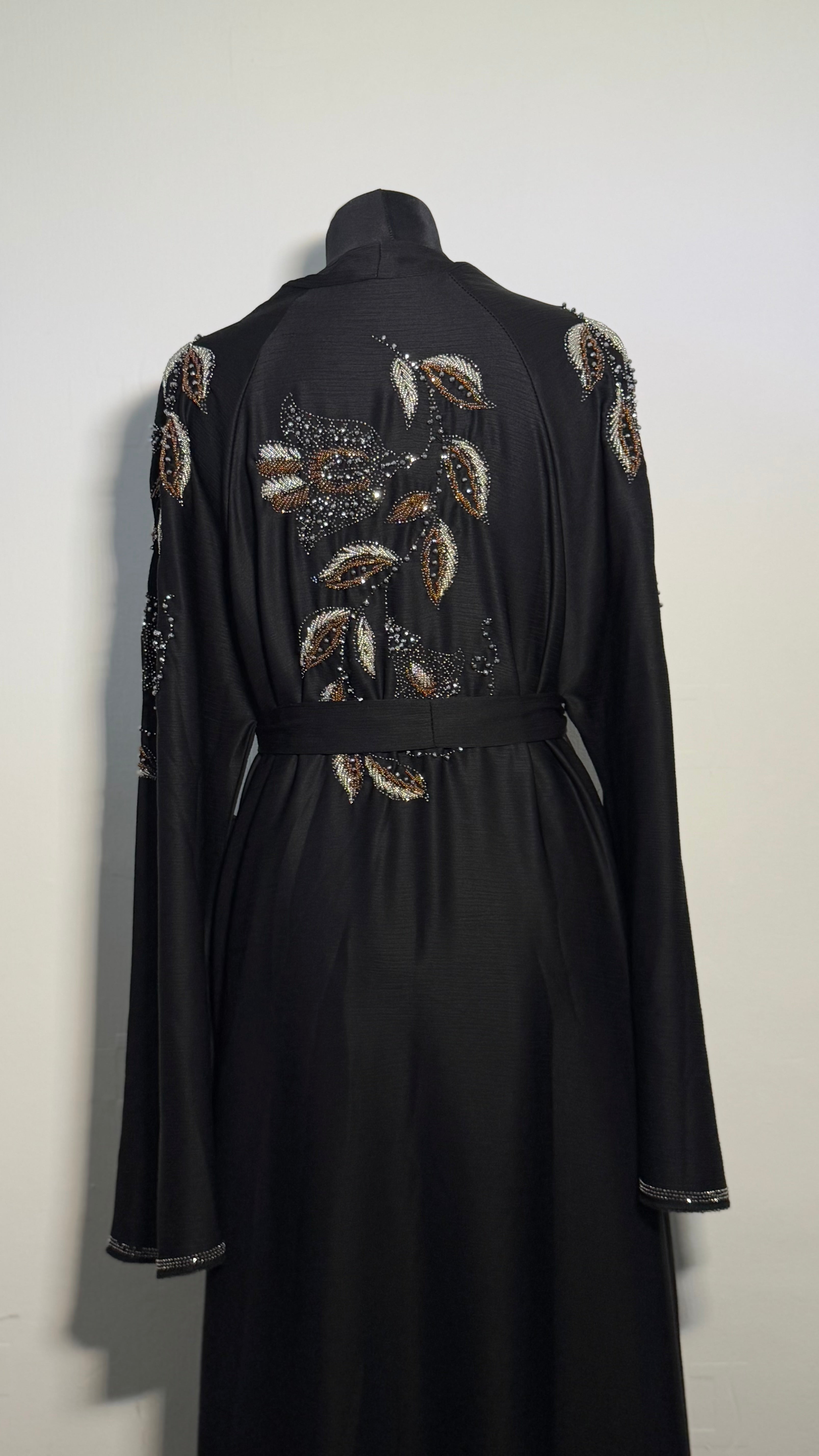 Luxury Black Beaded Abaya Free Size | Elegant Modest Dress | Crystal Embroidered Kaftan | Eid Evening Abaya