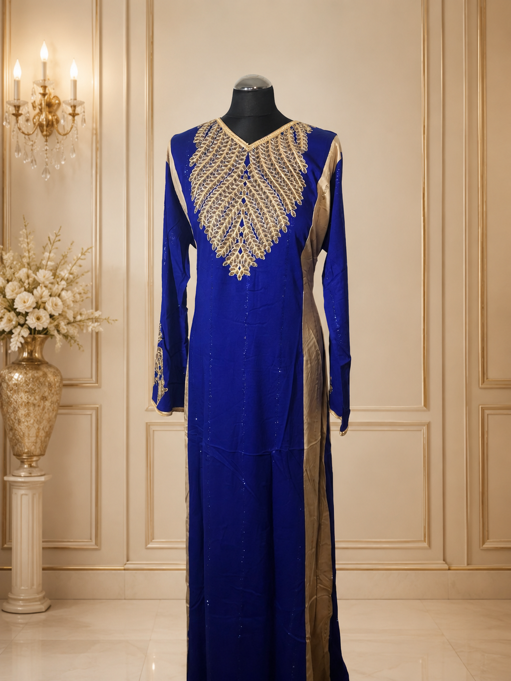 Luxury Embroidered Maxi Dress for Women – Moroccan Kaftan Abaya Long Sleeve Evening Gown with Gold Embellishment