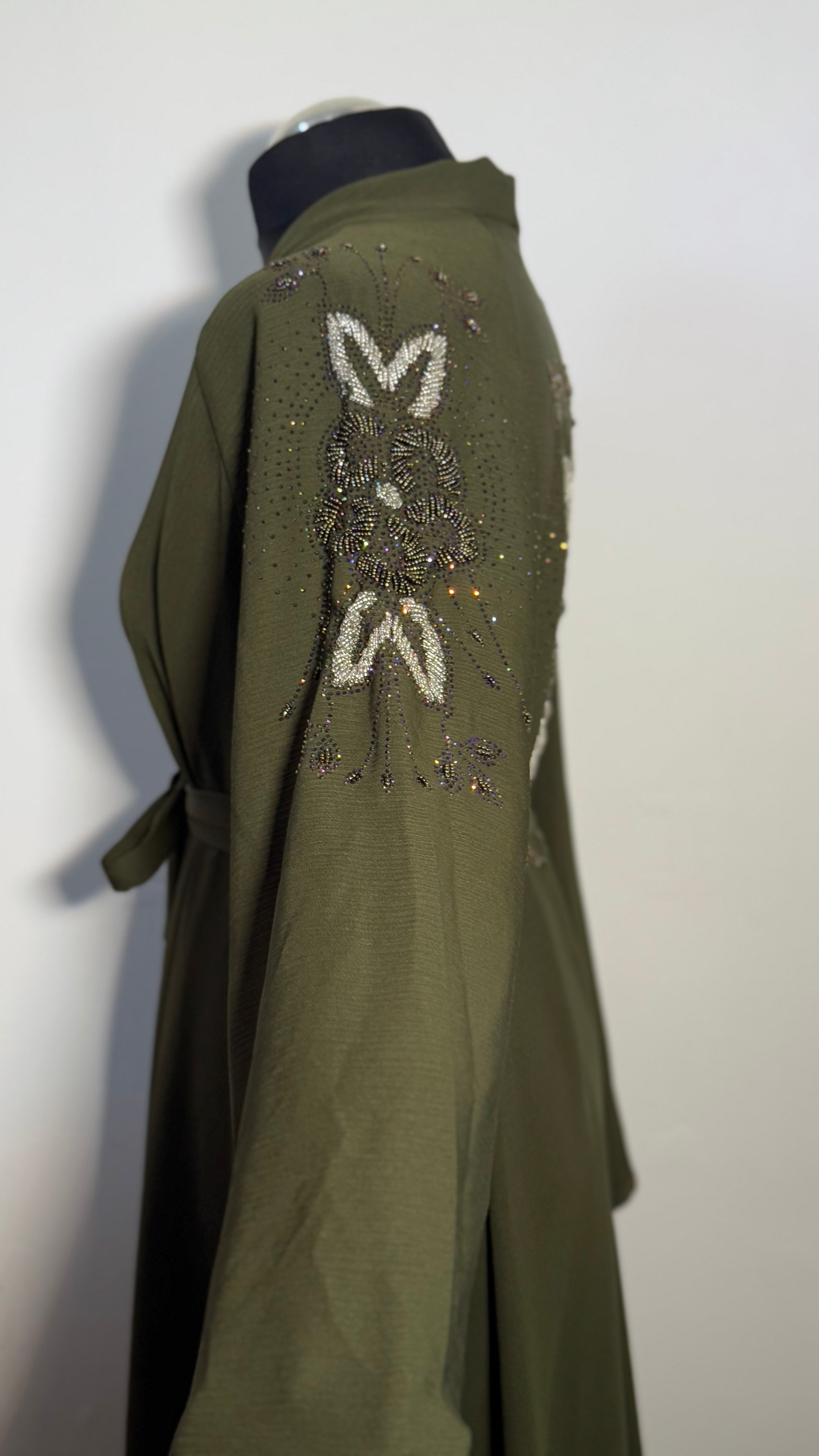 Olive Green Crystal Abaya Free Size | Elegant Beaded Modest Dress | Luxury Kaftan with Back & Sleeve Detail | Eid Evening Wear