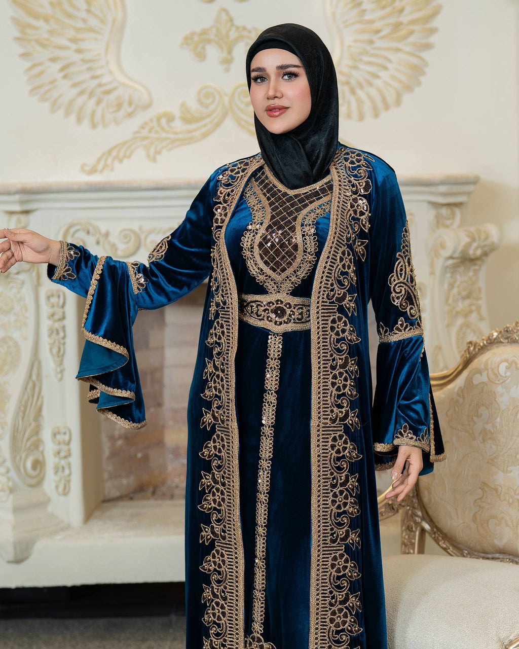 Luxury Qadifa Kaftan Dress | Embroidered & Crystal Detail | Modest Islamic Evening Wear for Wedding  Eid