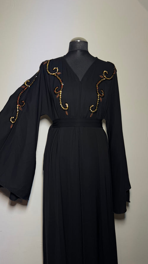 Crystal Abaya – Handmade Black Abaya with Hijab, Eid Dress, Modest Dubai Style