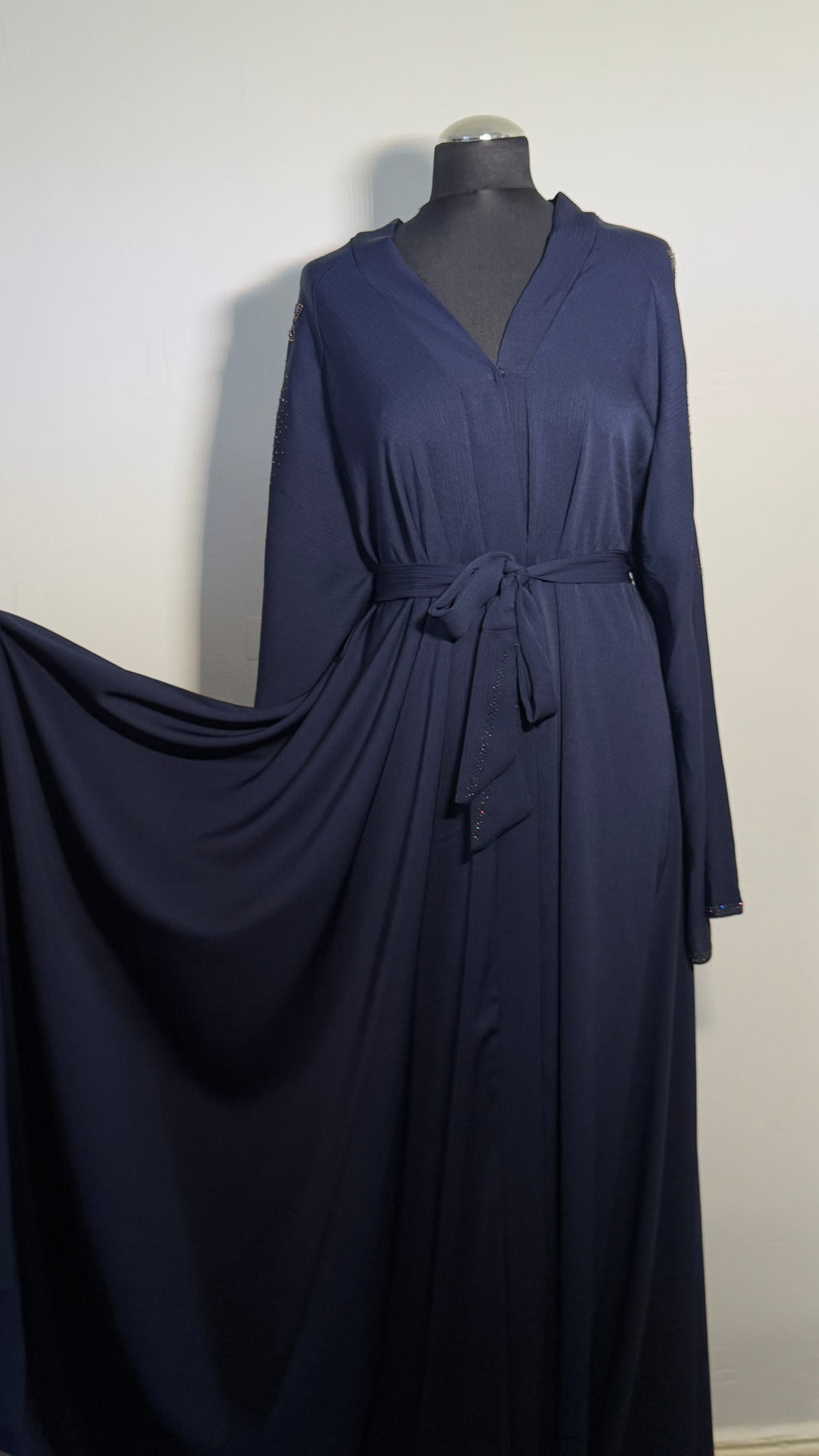 Navy Blue Crystal Abaya Free Size | Elegant Beaded Modest Dress | Luxury Kaftan with Back Sleeve Detail | Eid & Evening Wear