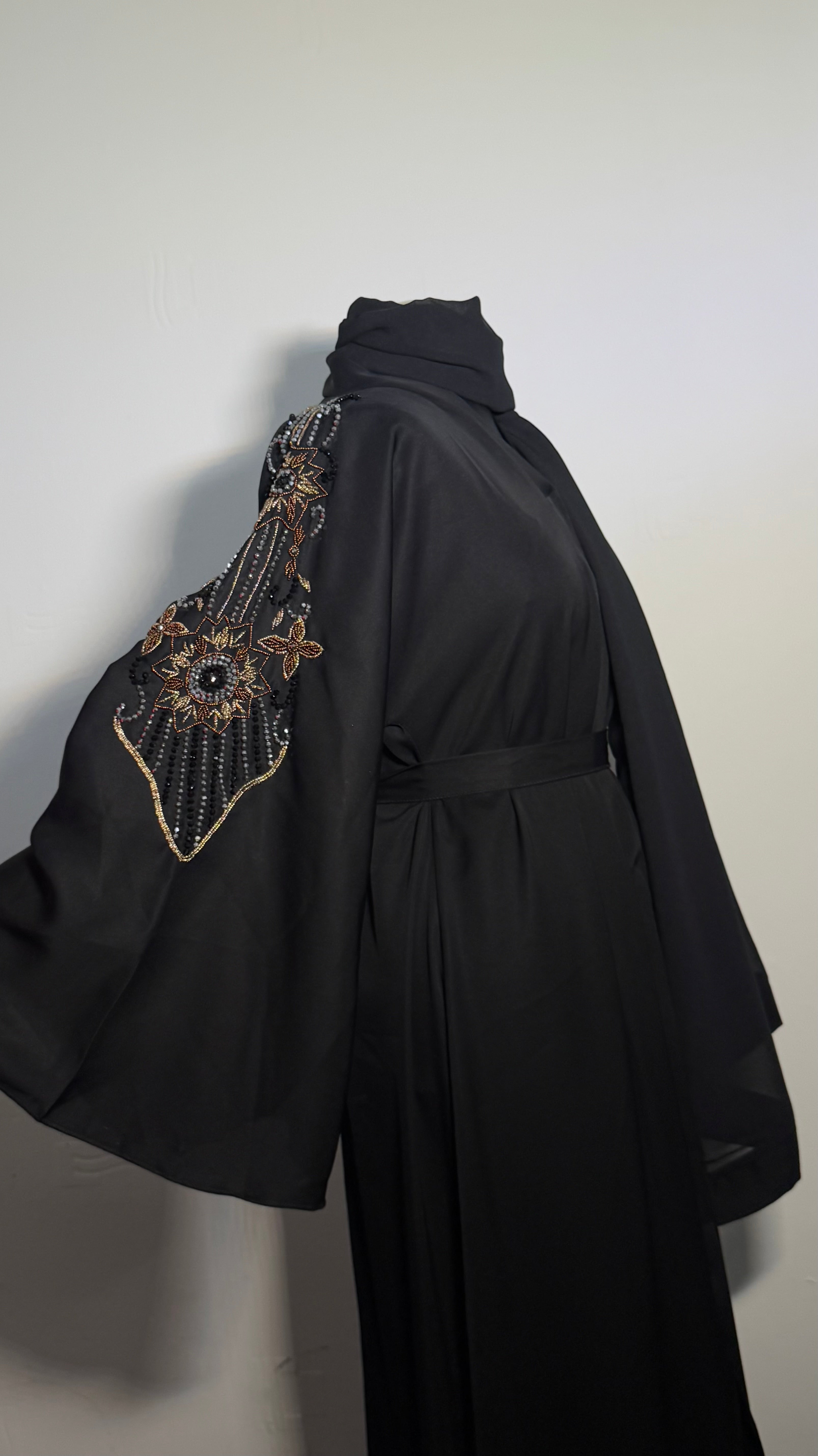 Elegant Black Abaya Dress – Modest Maxi with Back Detail & Embellished Sleeves, Belted