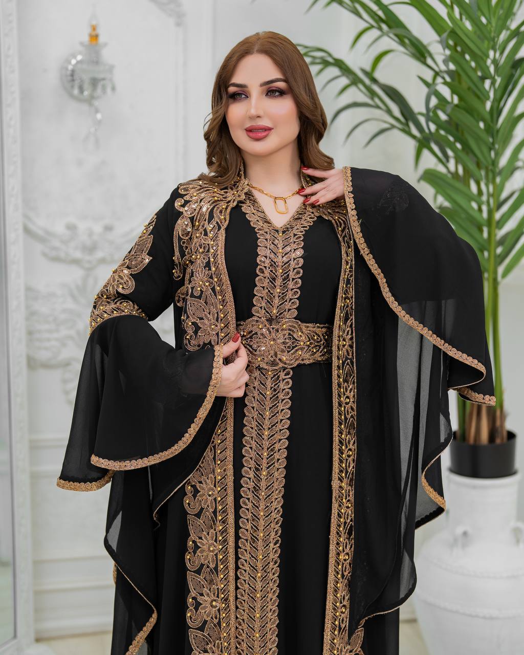 Luxury Crepe Kaftan Set | Crystal Belt, Modest Islamic Gown