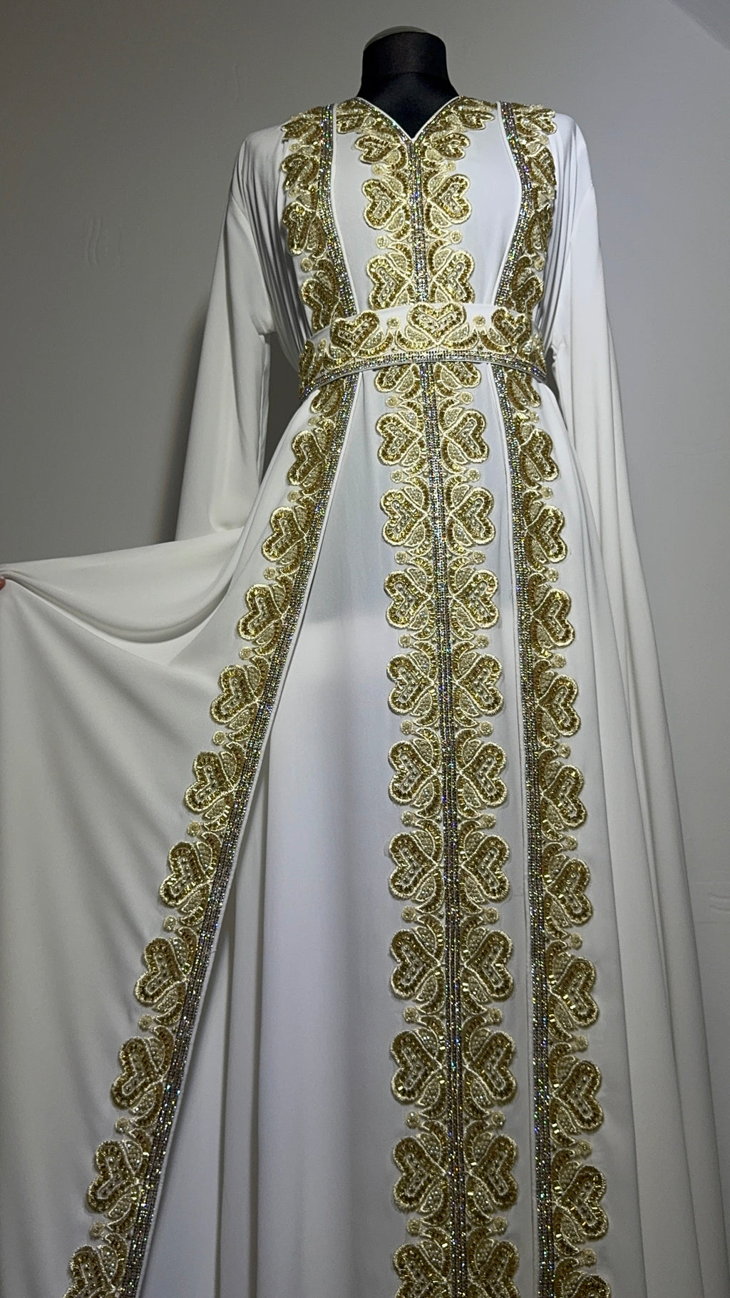 Ivory Gold Kaftan – White Kaftan Dress, Luxury Eid Wedding Outfit, Modest Maxi Dress
