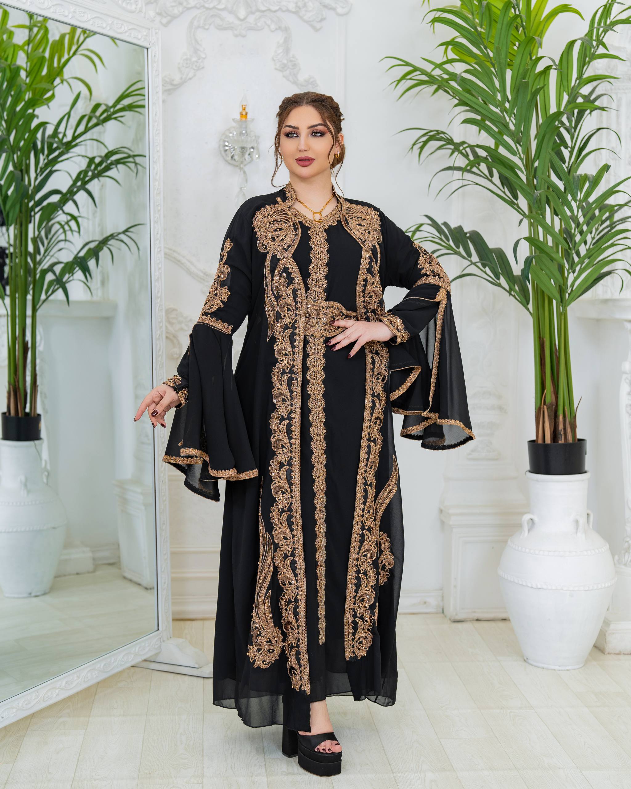 Luxury Crepe Kaftan Set | Crystal Belt, Modest Islamic Gown