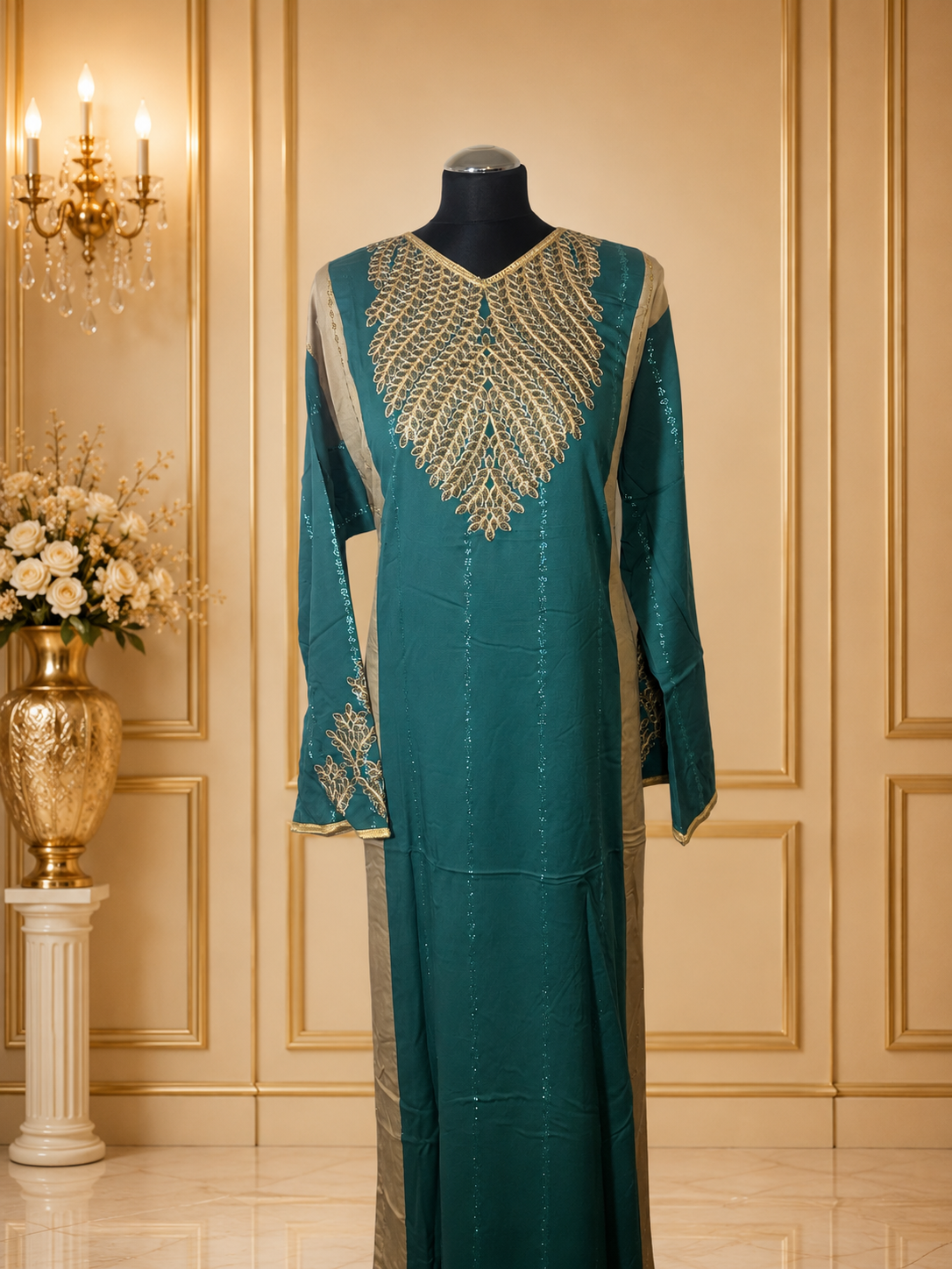 Luxury Embroidered Maxi Dress for Women – Moroccan Kaftan Abaya Long Sleeve Evening Gown with Gold Embellishment