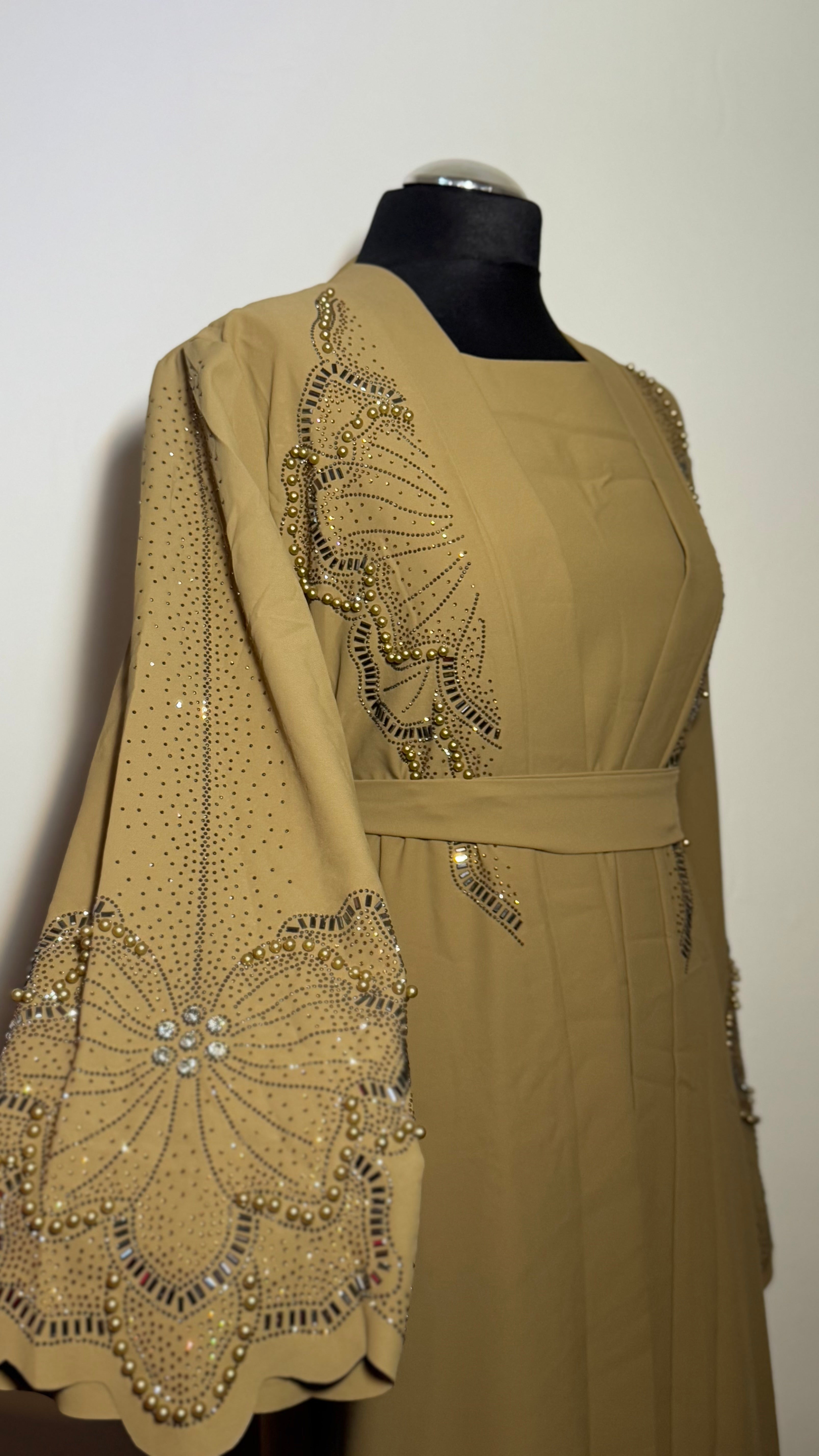 Luxury Embellished 2 Piece Abaya Set, Beaded Sleeve Open Abaya with Inner Dress, Elegant Modest eid Wear