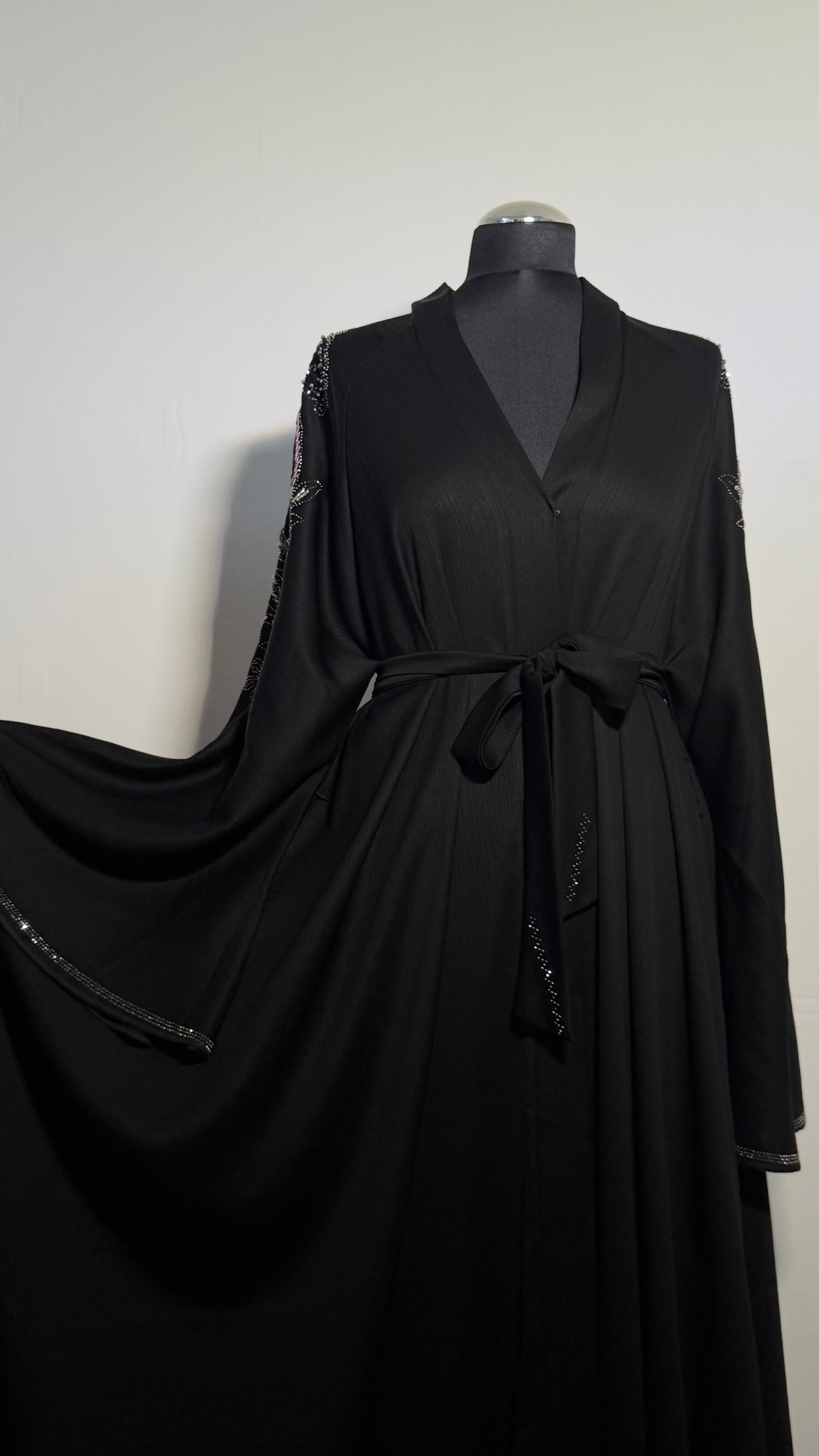 Luxury Black Beaded Abaya Free Size | Elegant Modest Dress | Crystal Embroidered Kaftan | Eid Evening Abaya
