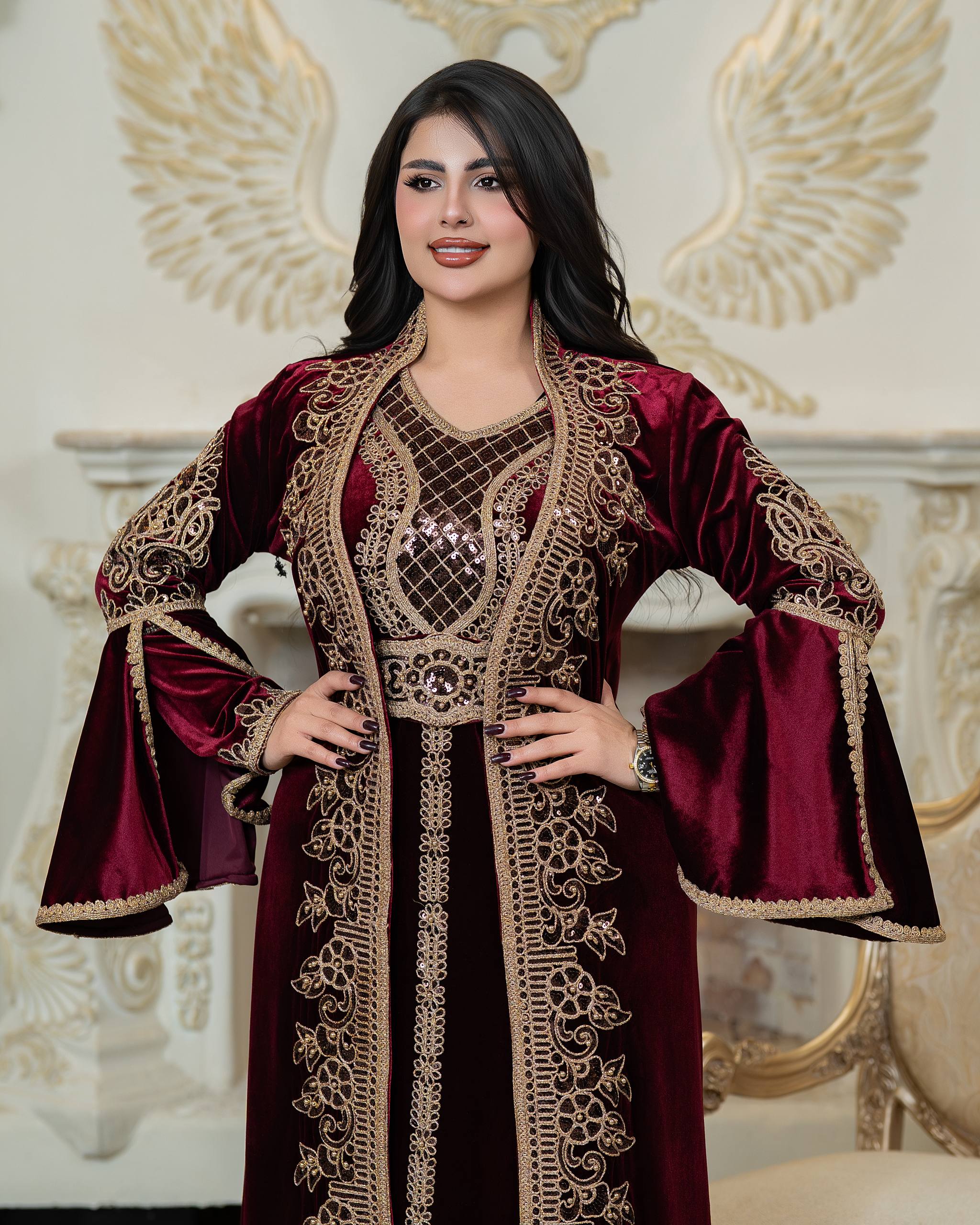 Luxury Qadifa Kaftan Dress | Embroidered & Crystal Detail | Modest Islamic Evening Wear for Wedding  Eid