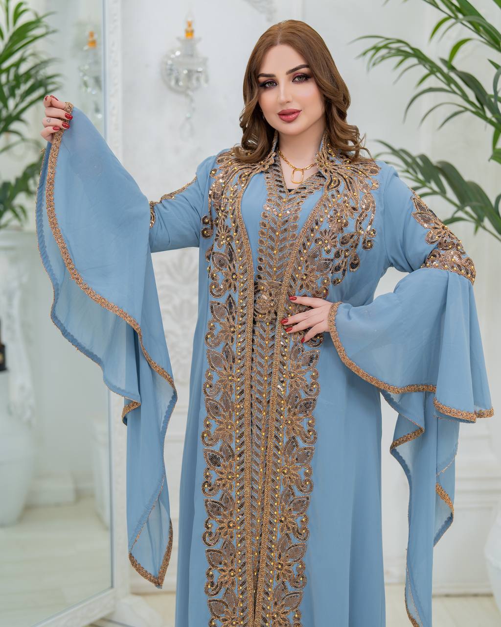 Luxury Crepe Kaftan Set | Crystal Belt, Modest Islamic Gown