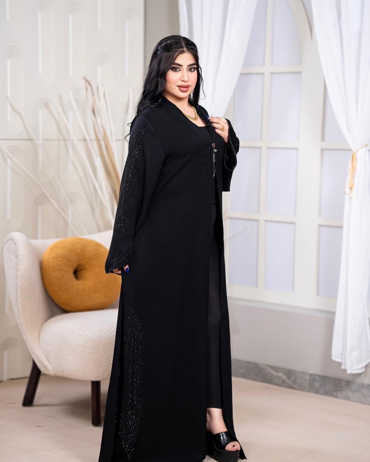 Black & White Crystal Abaya - Luxury Embellished Islamic Dress - Eid Wedding Party Wear