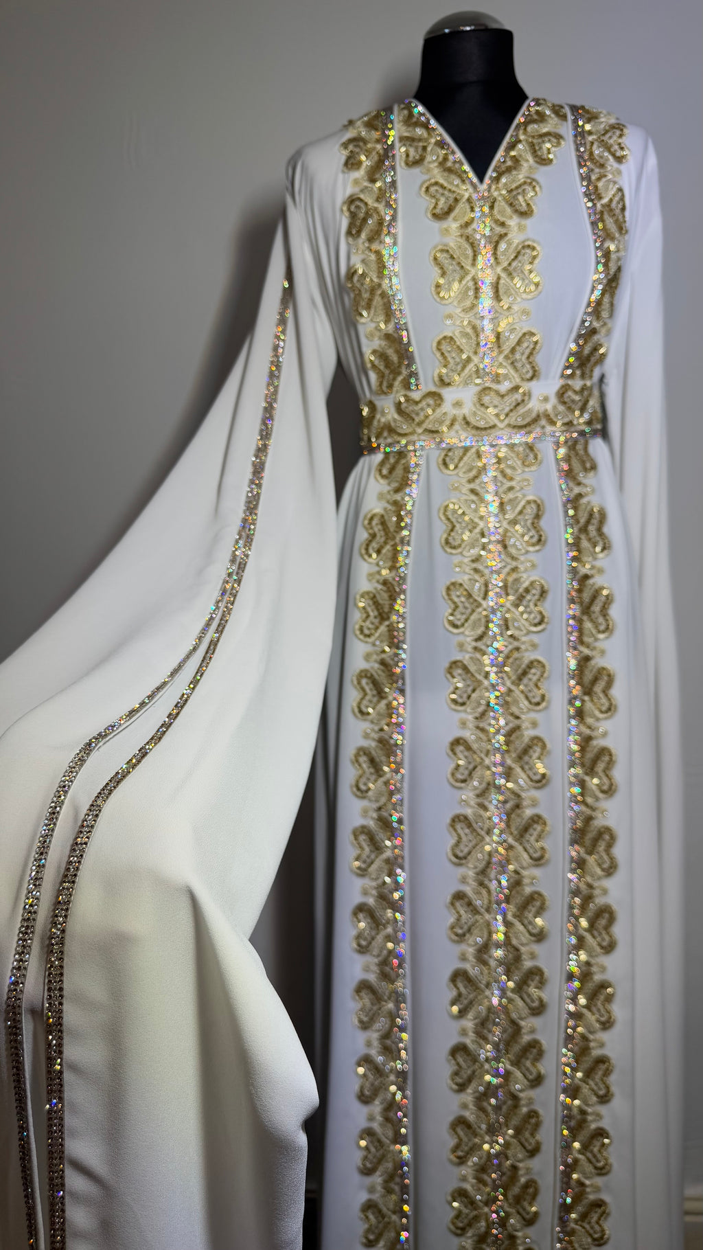 Ivory Gold Kaftan – White Kaftan Dress, Luxury Eid Wedding Outfit, Modest Maxi Dress
