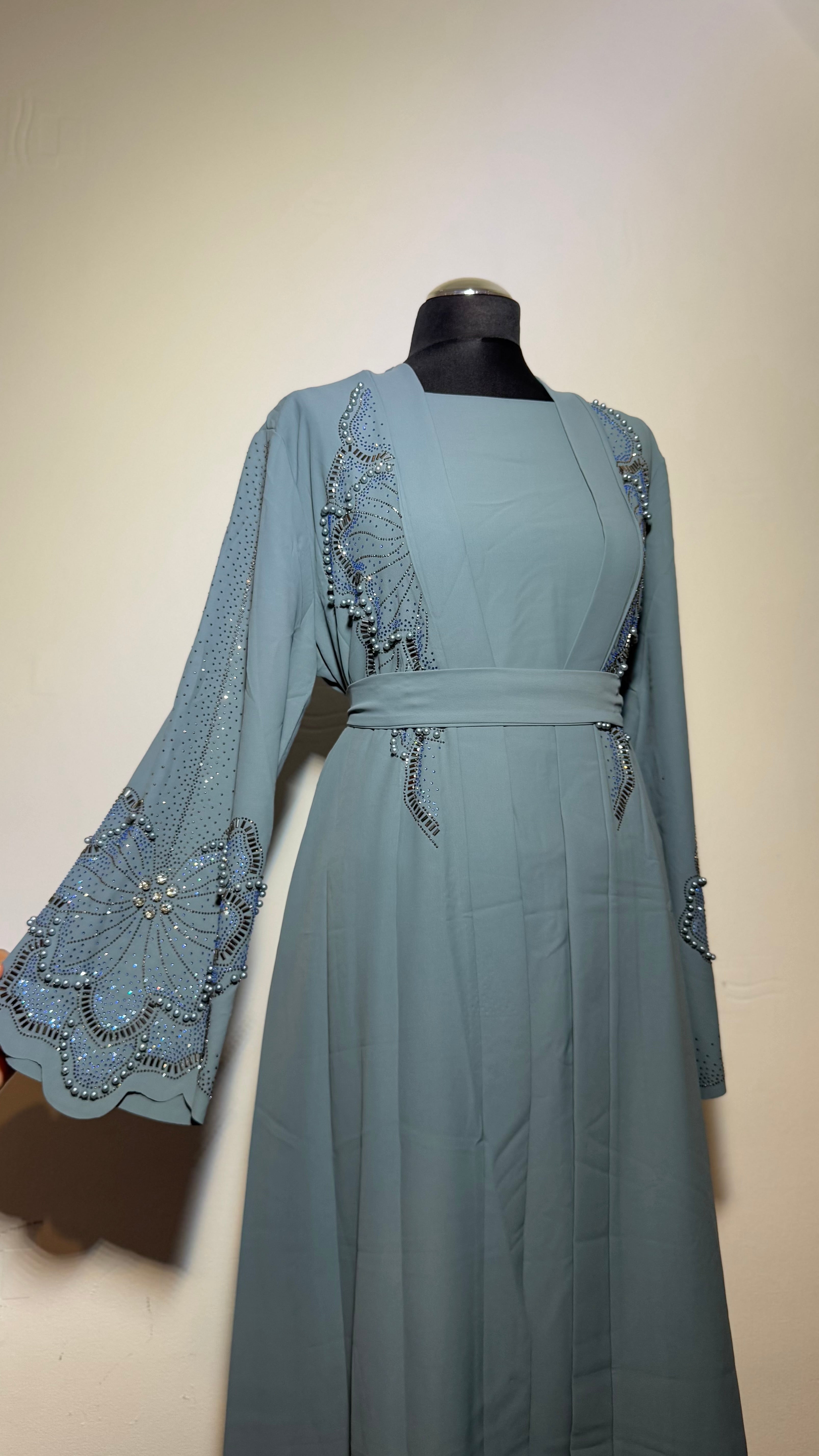 Luxury Embellished 2 Piece Abaya Set, Beaded Sleeve Open Abaya with Inner Dress, Elegant Modest eid Wear