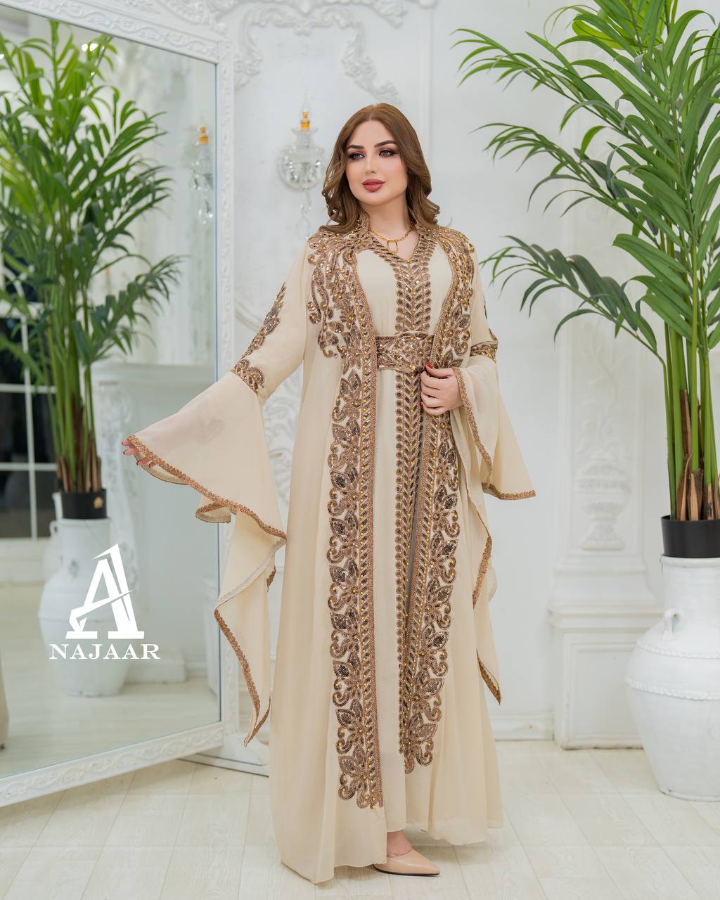 Luxury Crepe Kaftan Set | Crystal Belt, Modest Islamic Gown