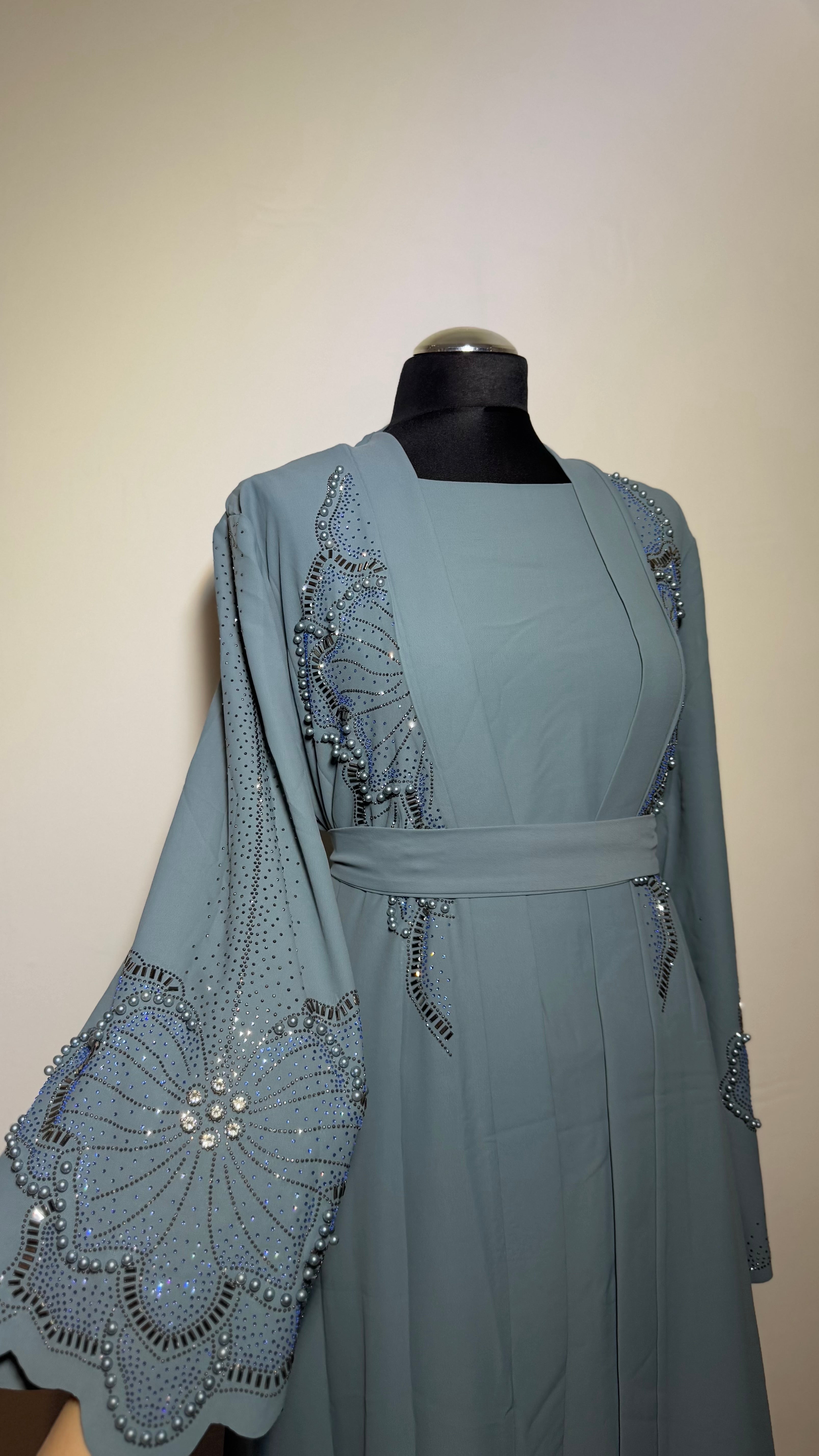 Luxury Embellished 2 Piece Abaya Set, Beaded Sleeve Open Abaya with Inner Dress, Elegant Modest eid Wear