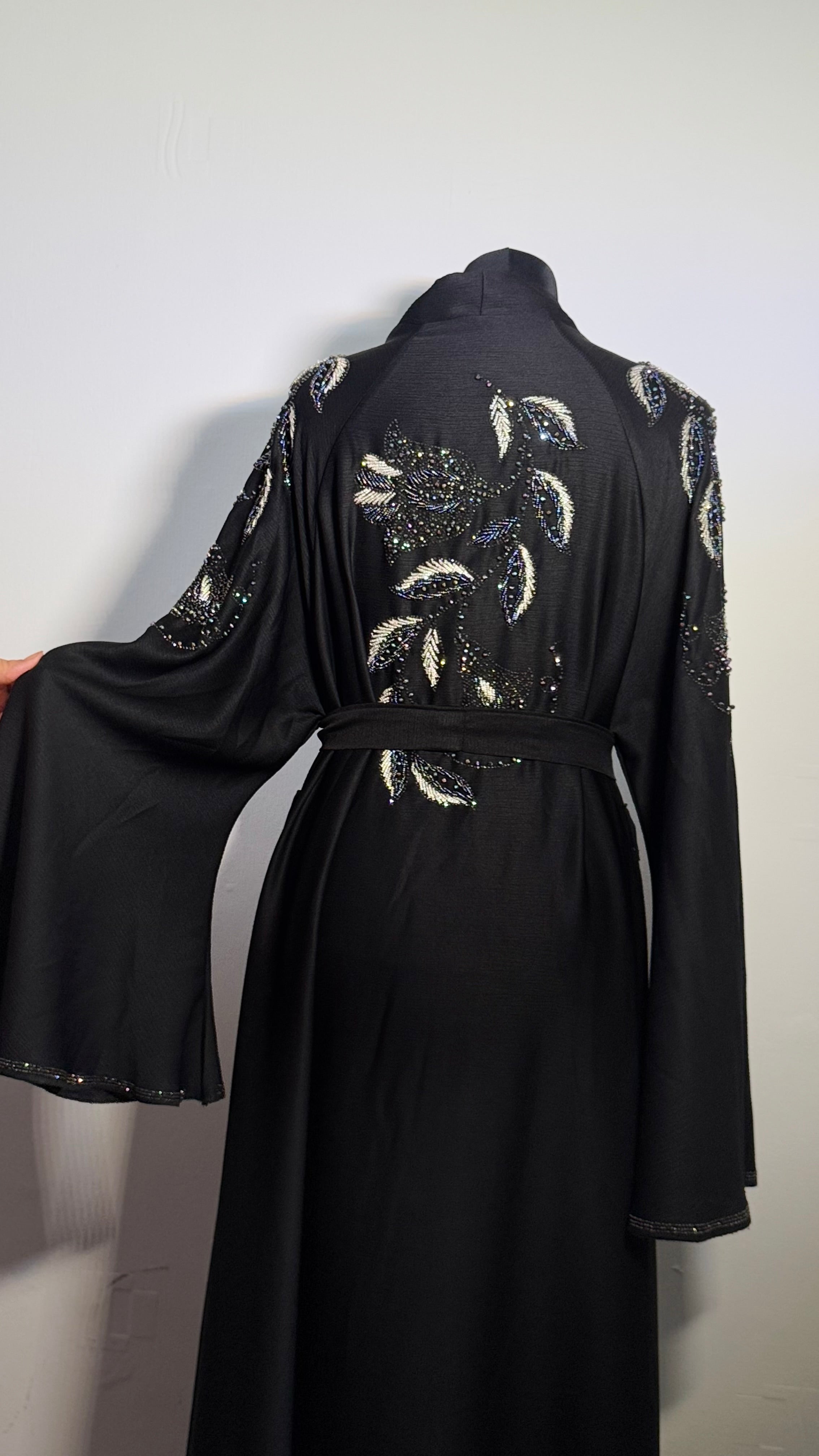 Luxury Black Beaded Abaya Free Size | Elegant Modest Dress | Crystal Embroidered Kaftan | Eid Evening Abaya