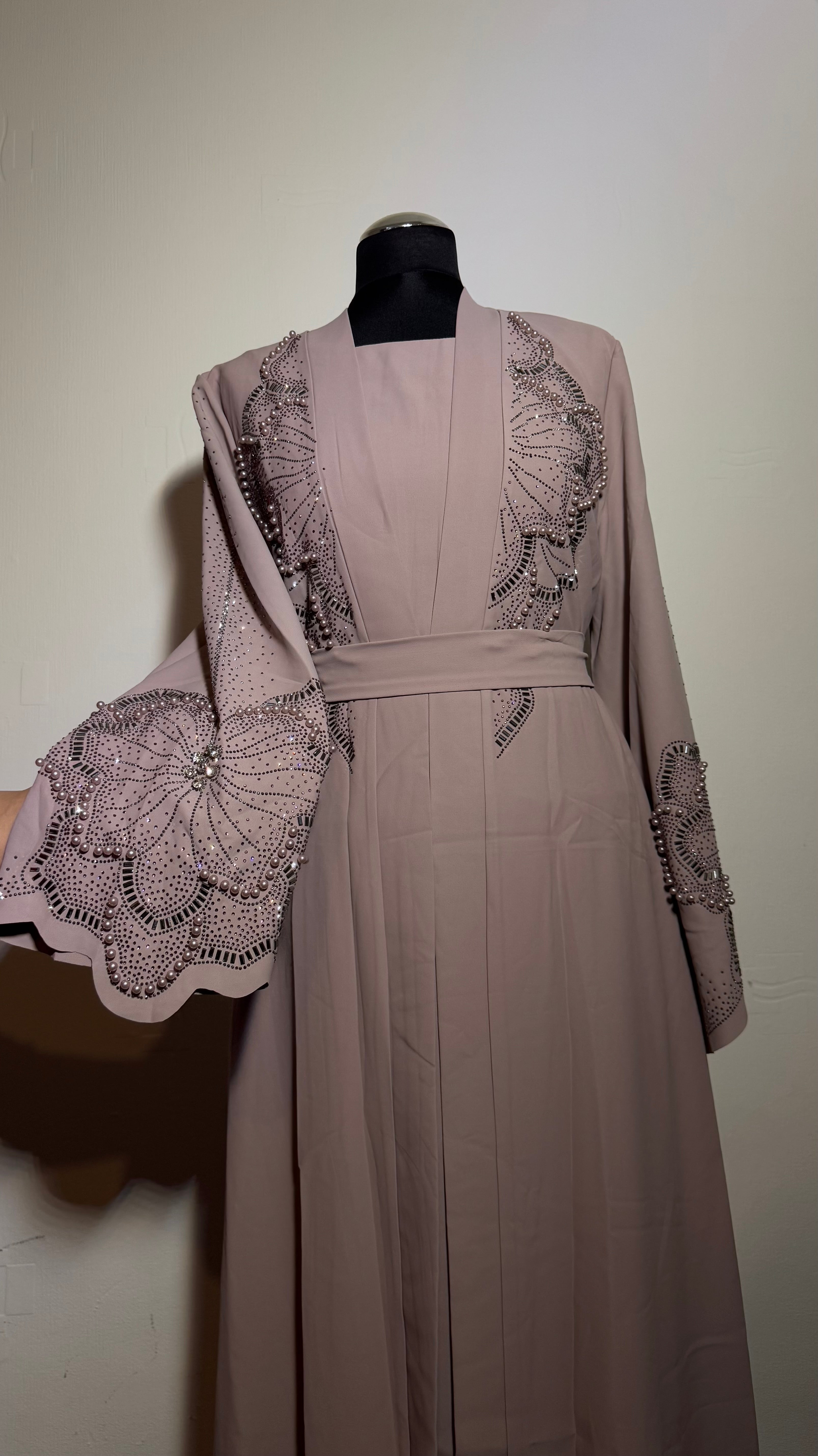 Luxury Embellished 2 Piece Abaya Set, Beaded Sleeve Open Abaya with Inner Dress, Elegant Modest eid Wear