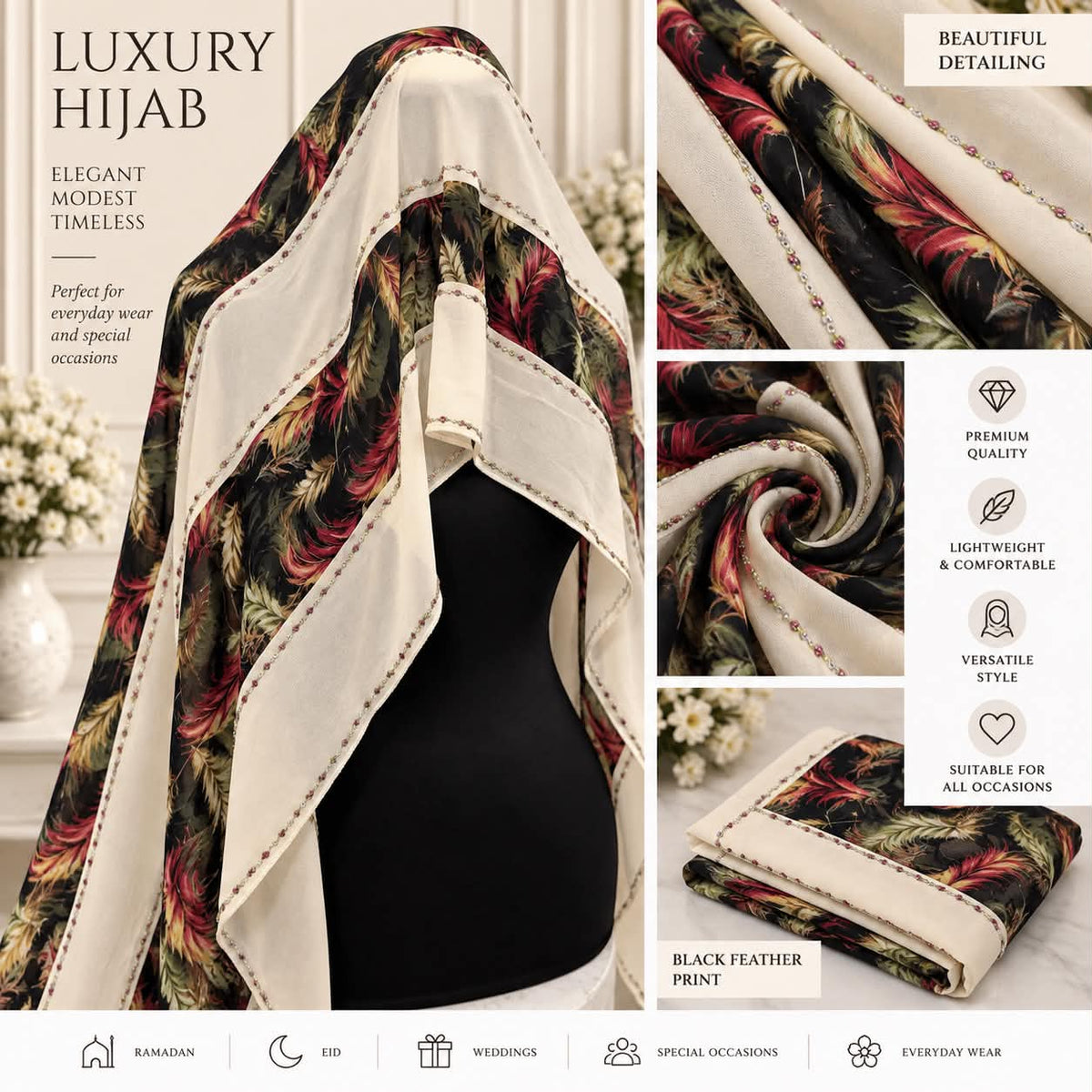 Luxury Two-Tone Crystal Hijab Scarf Elegant Sparkle Edge Occasion  Everyday Shawl