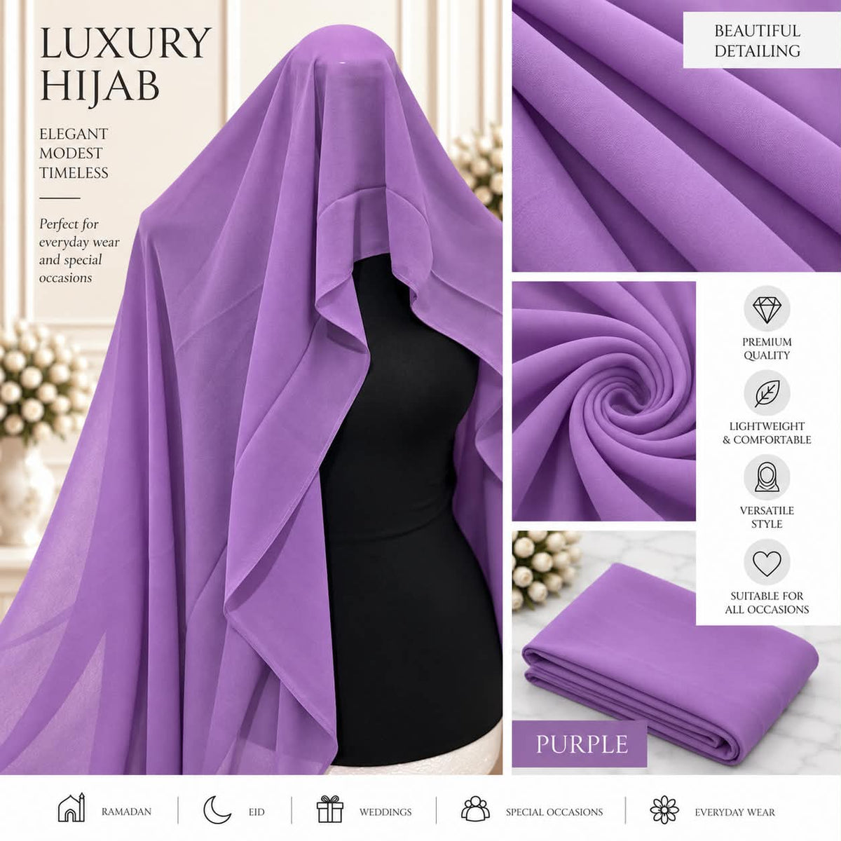 Women’s Chiffon Hijab Scarf Lightweight Soft Plain Headscarf everyday Modest Muslim Shawl