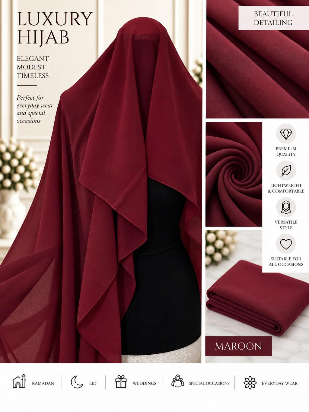 Women’s Chiffon Hijab Scarf Lightweight Soft Plain Headscarf everyday Modest Muslim Shawl