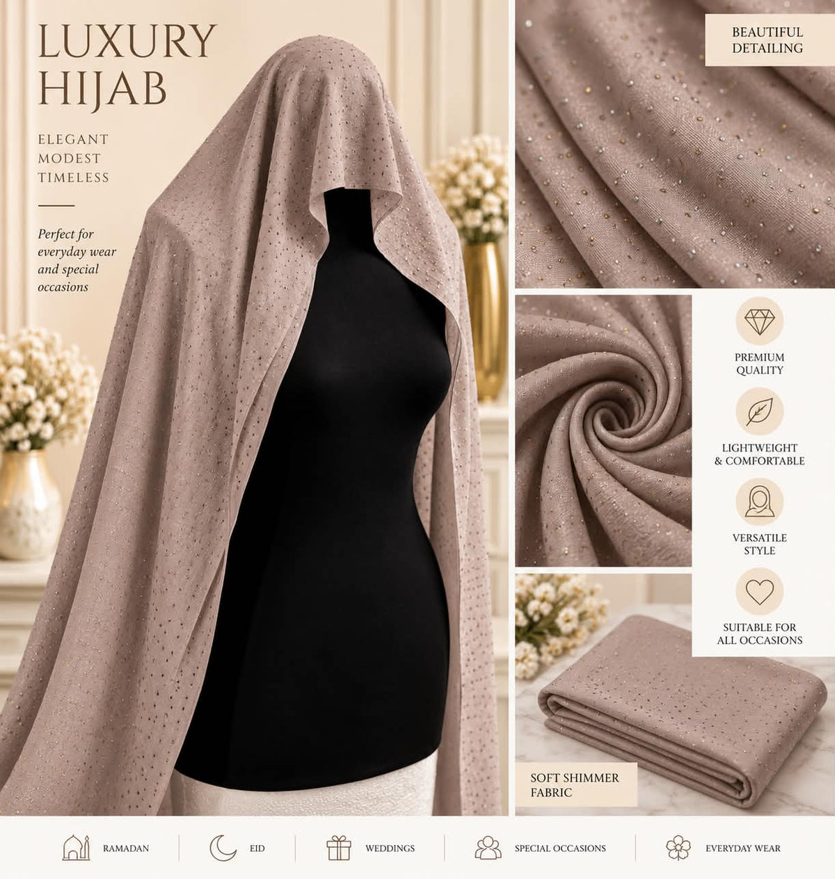 Luxury Shimmer Rhinestone Hijab Scarf  Sparkle Occasion   Everyday Headscarf