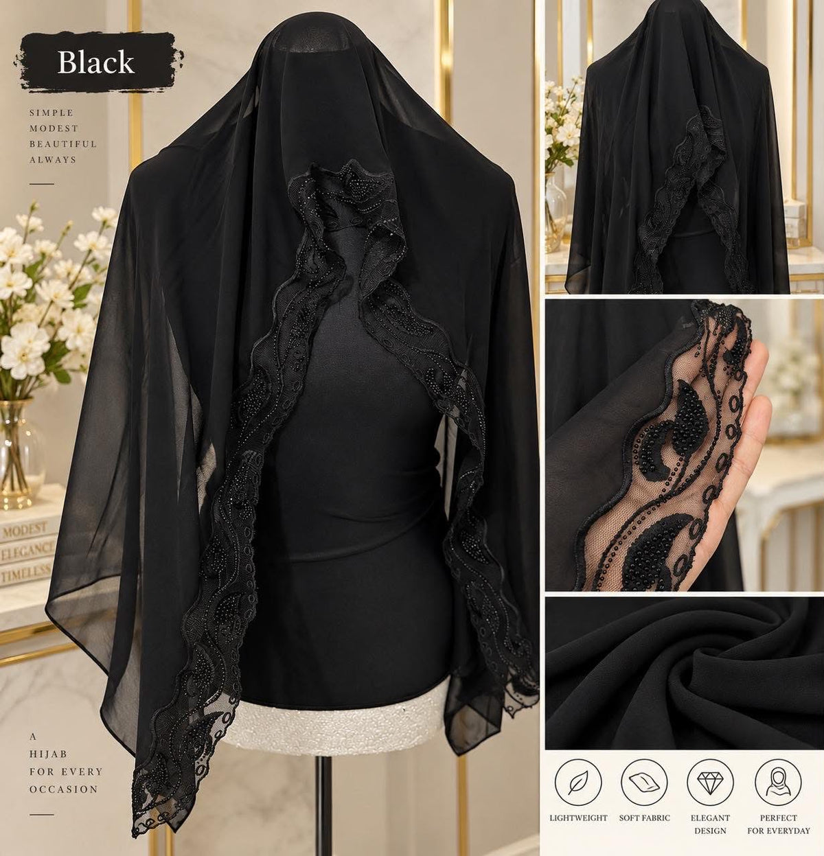 Black Chiffon Hijab with Luxury Beaded Wave Lace Trim