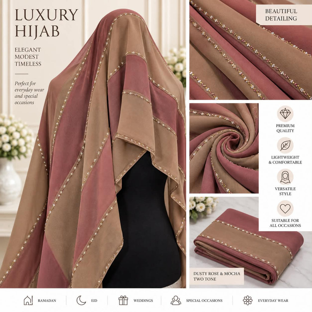 Luxury Two-Tone Crystal Hijab Scarf Elegant Sparkle Edge Occasion  Everyday Shawl