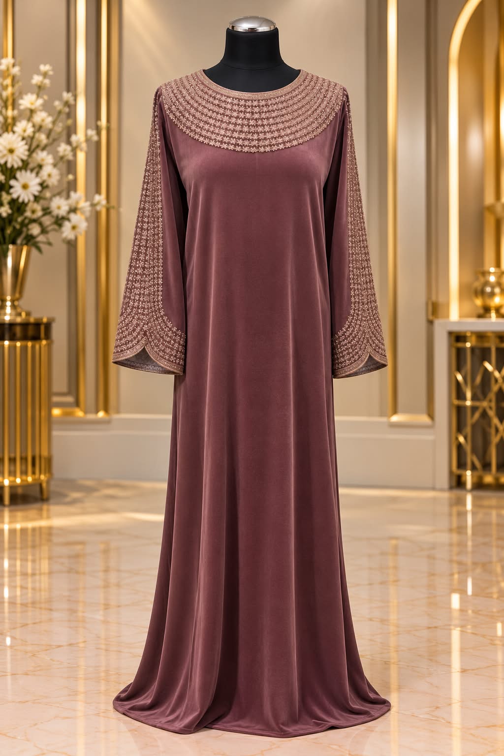 Luxury Velvet Jalabiya Maxi Dress   Embellished Wide Sleeve Abaya  Elegant Modest Occasion Dress