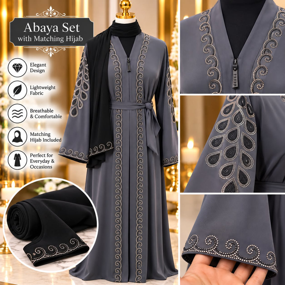 Embellished Abaya with Matching Black Hijab – Rhinestone Detail Belted Open Abaya