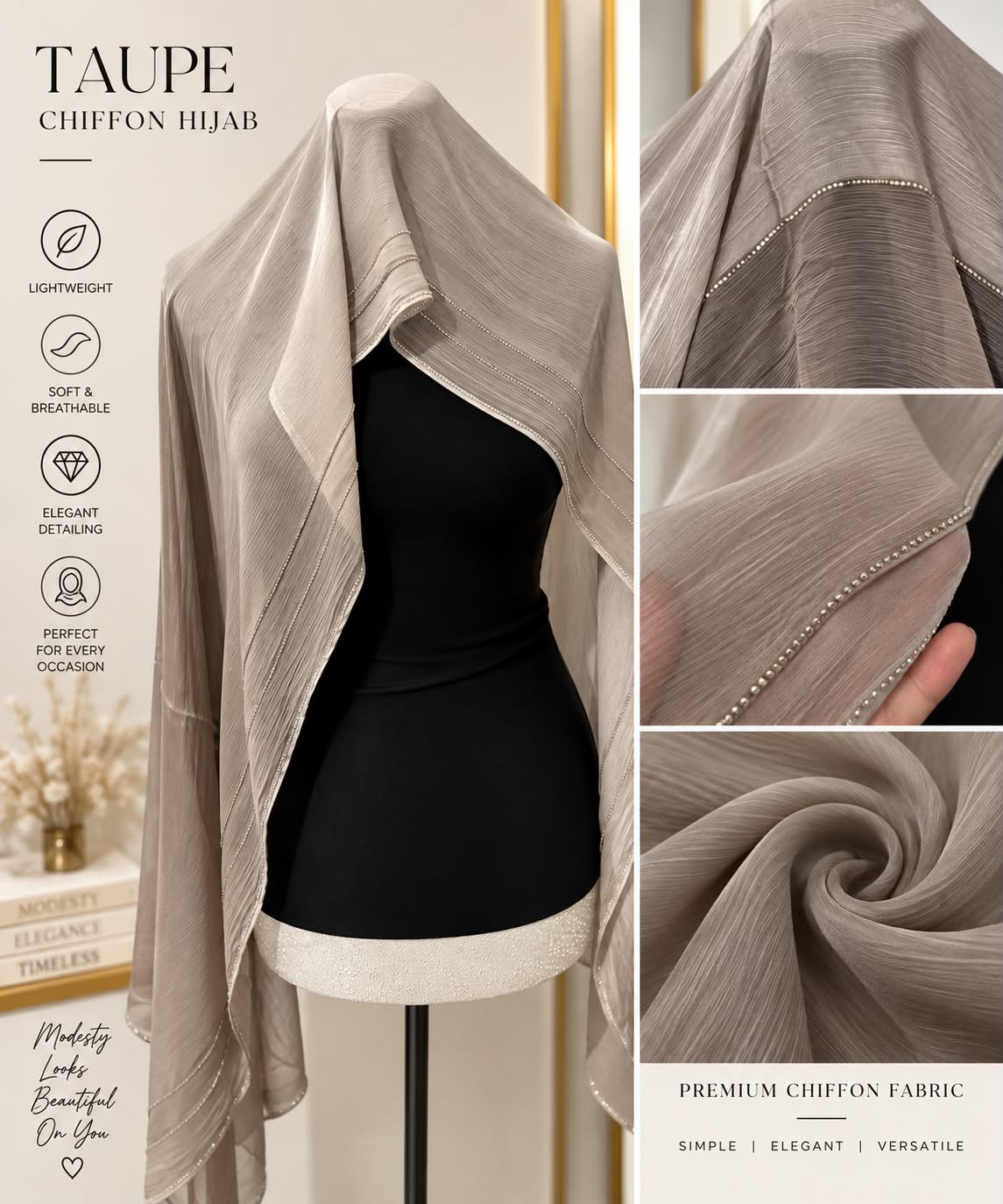 Luxury Textured Chiffon Hijab with Delicate Crystal Edge Elegant Lightweight Women’s Scarf