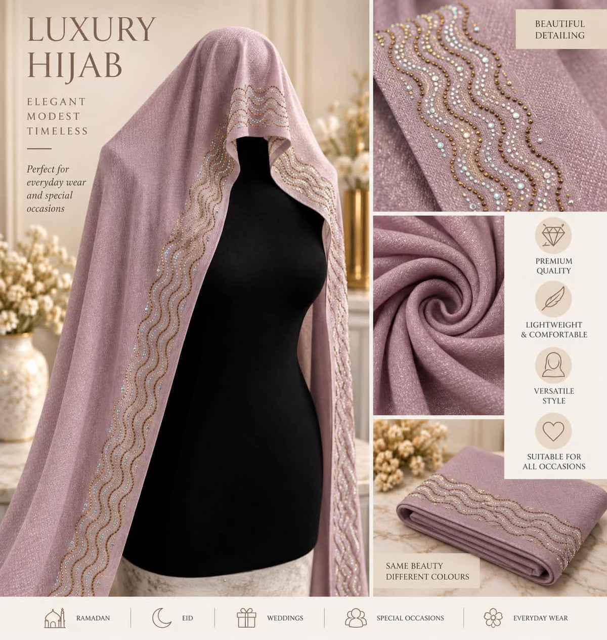 Luxury Rhinestone Hijab Scarf Shimmer Embellished Modest Headscarf Elegant Occasion Hijab