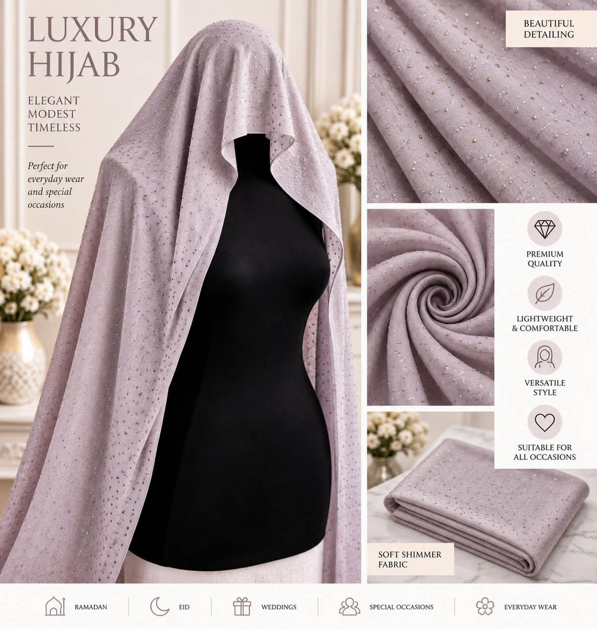 Luxury Shimmer Rhinestone Hijab Scarf  Sparkle Occasion   Everyday Headscarf