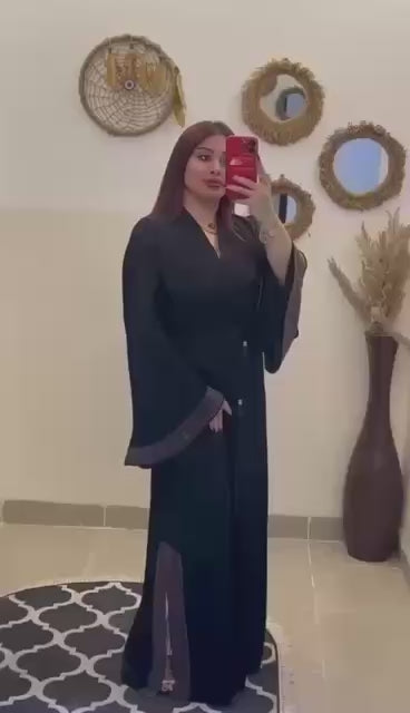 Black Embellished Abaya, Elegant Modest Dress with Drawstring Waist, Sparkle Sleeve Abaya, Evening Wear