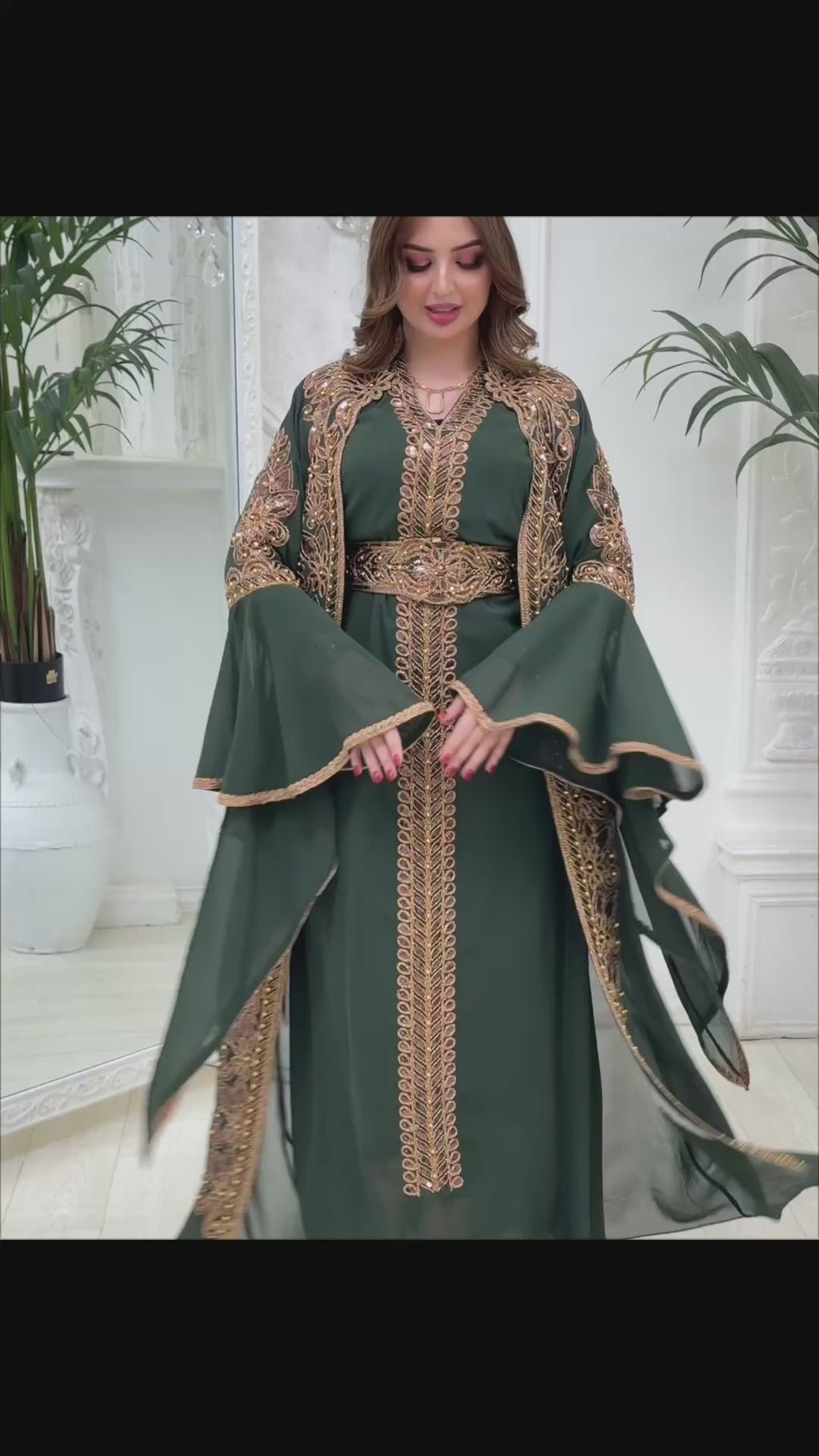 Luxury Crepe Kaftan Set | Crystal Belt, Modest Islamic Gown